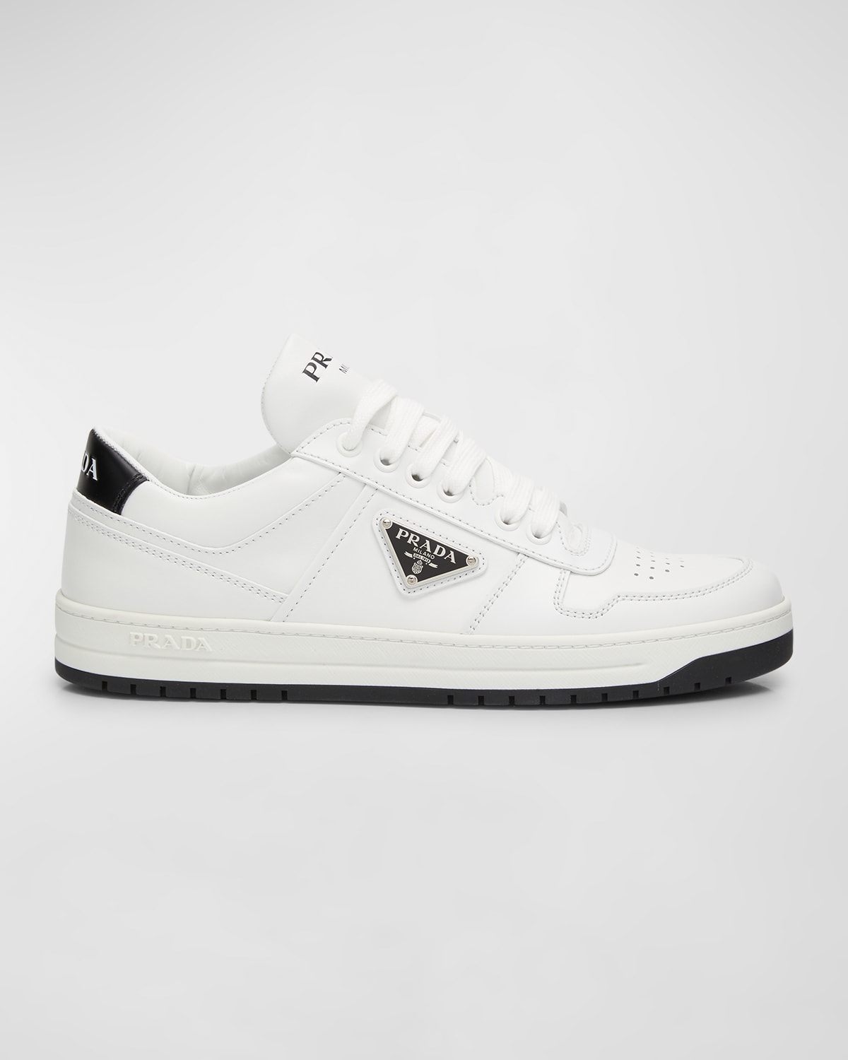 Shop Prada Bicolor Calfskin Low-top Sneakers In Bianco+ner