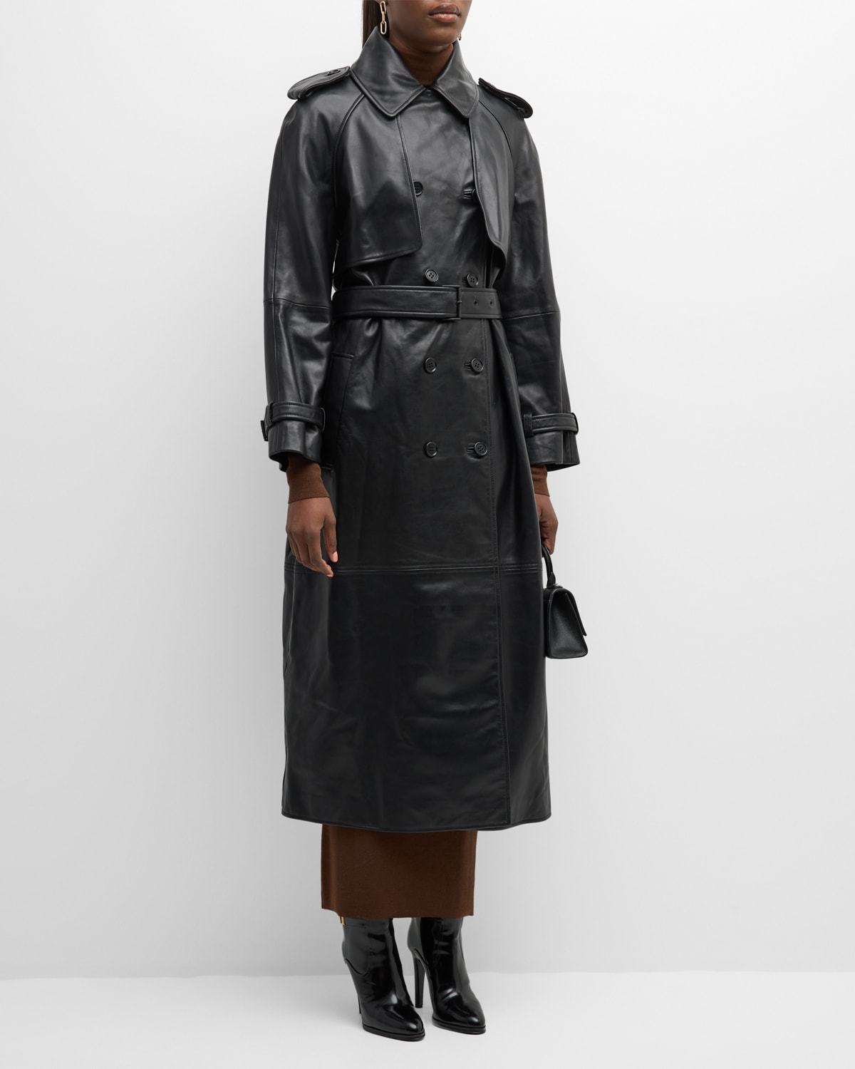 Alberta Ferretti Belted Leather Long Trench Overcoat In Black