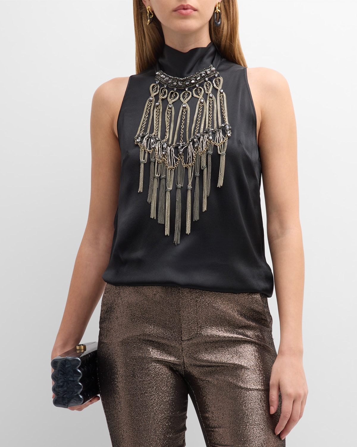 Shop Alberta Ferretti Chain-embellished Sleeveless Satin Top In Black