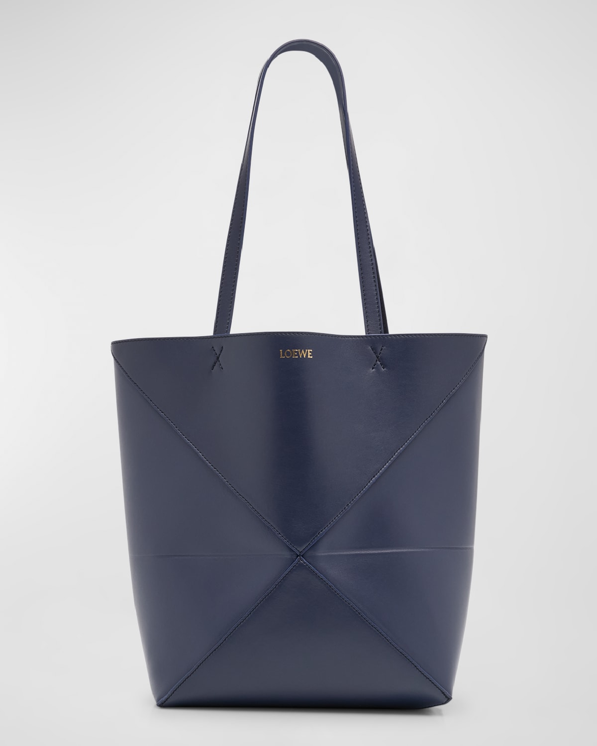 Loewe Puzzle Fold Medium Tote Bag In Shiny Leather In Abyss Blue
