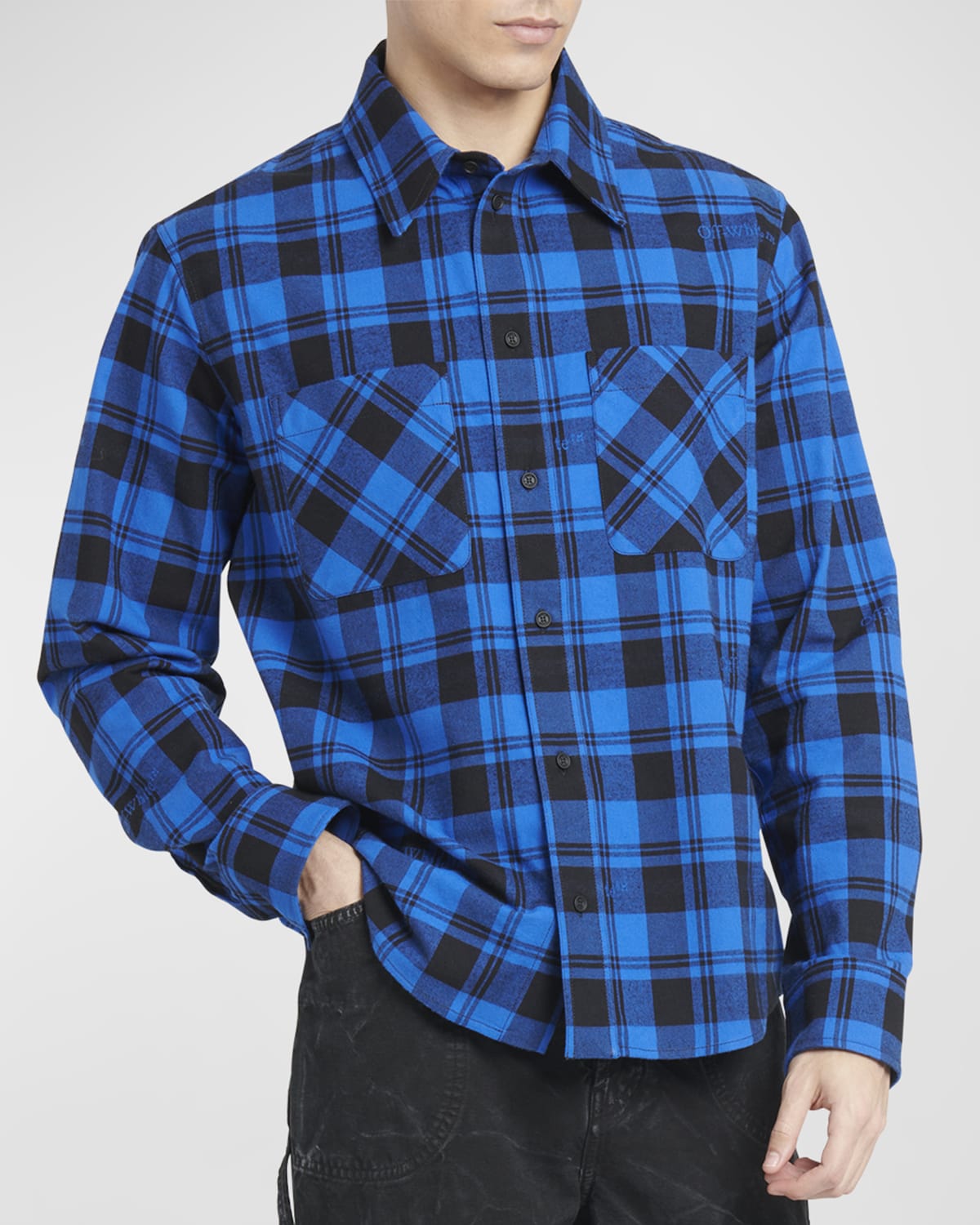 Off-white Plaid Check-pattern Flannel Overshirt In Dark Blue Black