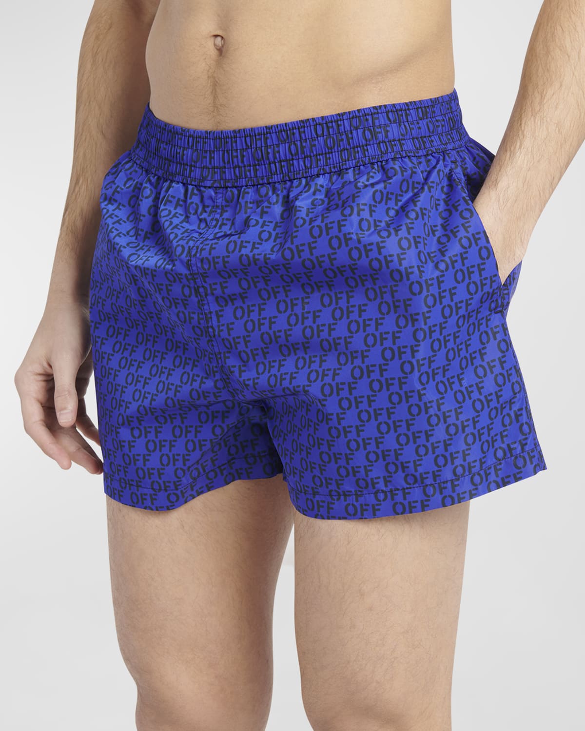 Shop Off-white Men's Repeat-logo Swim Shorts In Blue