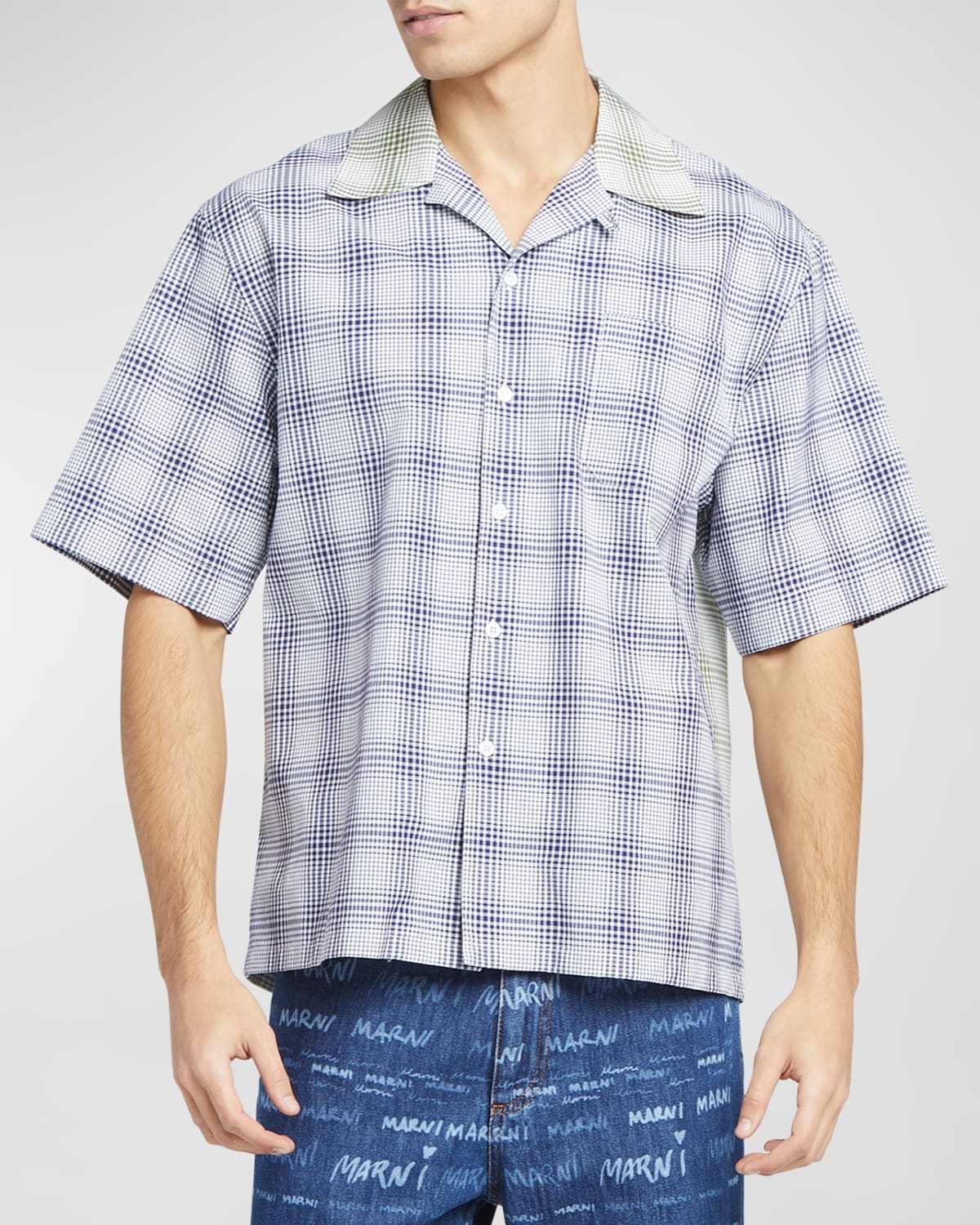 Men's Pieced Plaid Camp Shirt