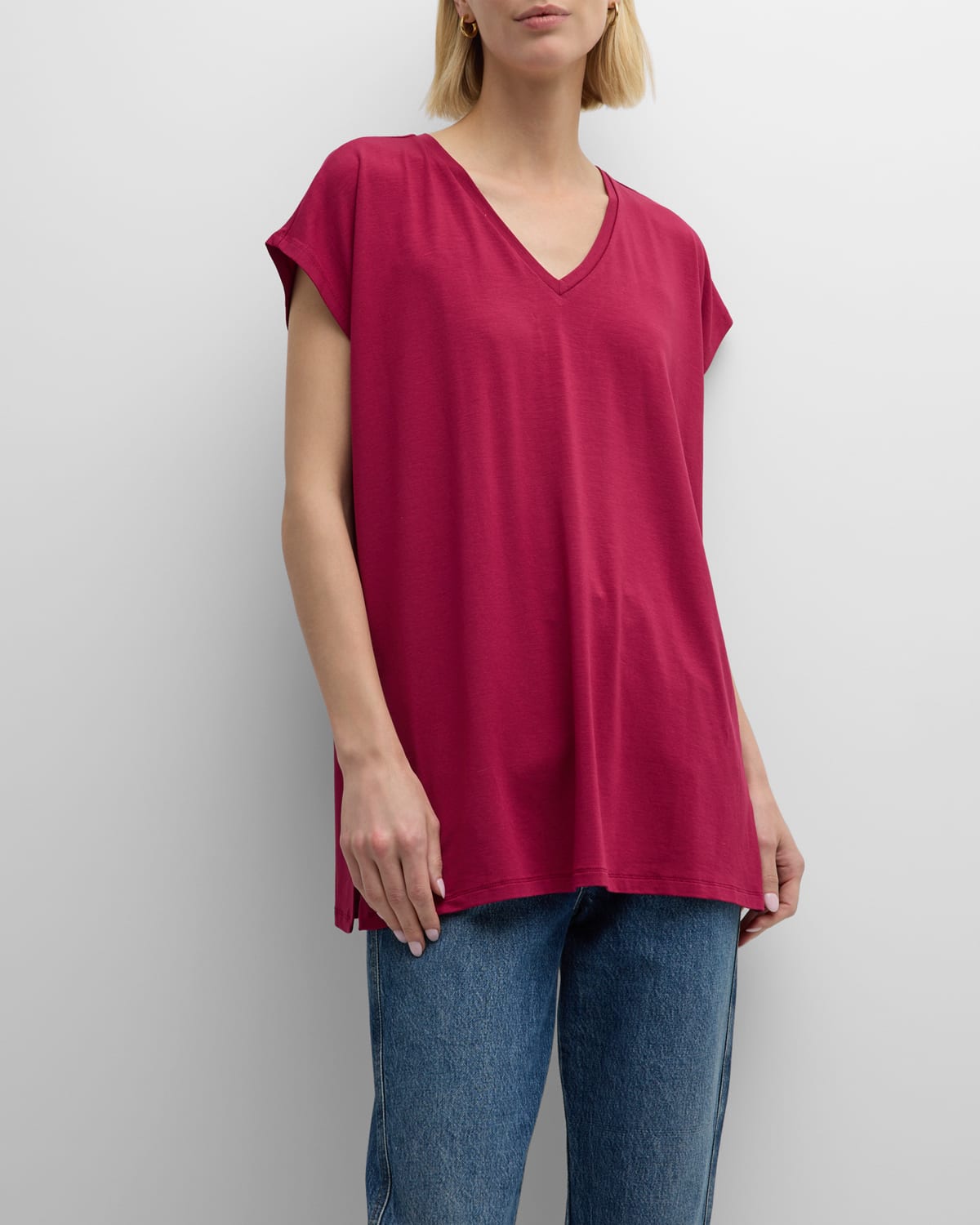 Eileen Fisher Short-sleeve V-neck Jersey Top In Roseberry