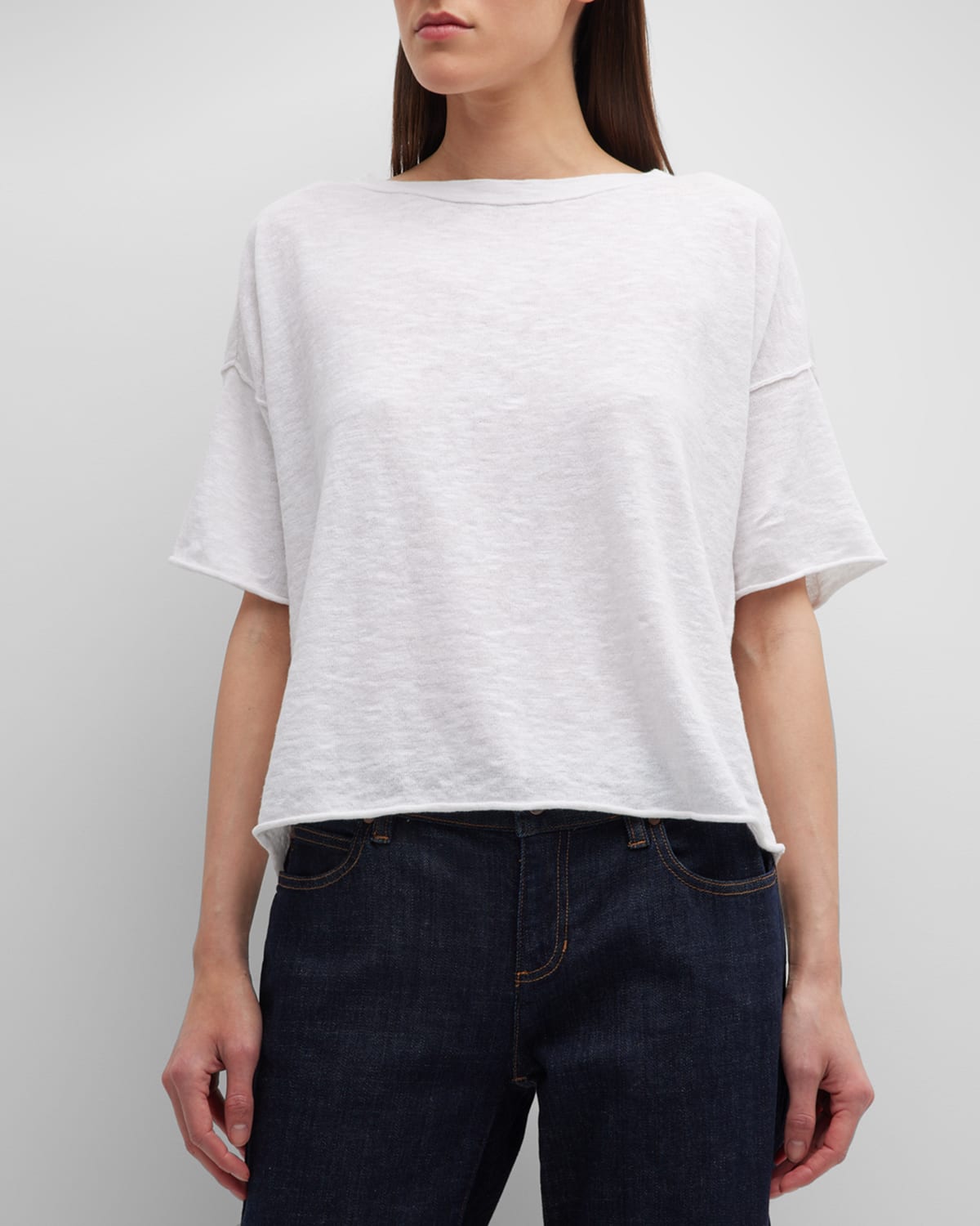Eileen Fisher Slubby Bateau-neck Elbow-sleeve Top In White