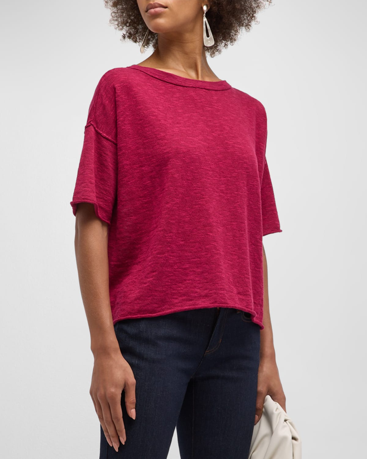 Eileen Fisher Slubby Bateau-neck Elbow-sleeve Top In Roseberry