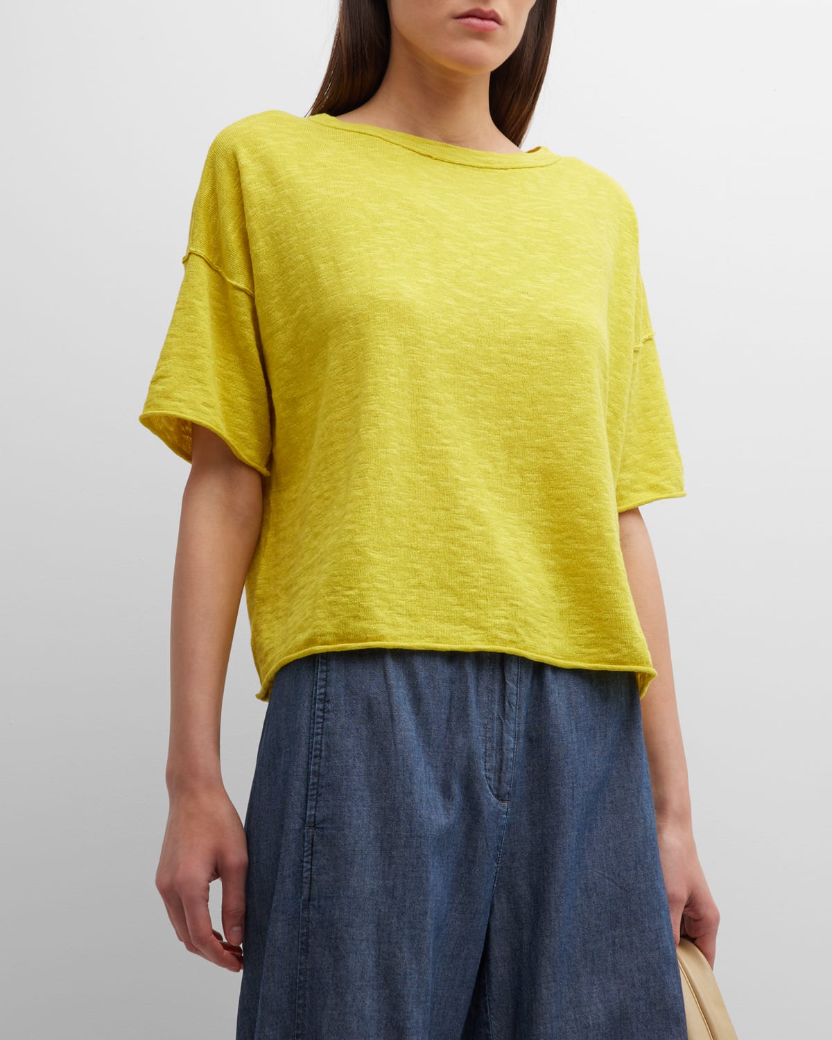 EILEEN FISHER SLUBBY BATEAU-NECK ELBOW-SLEEVE TOP