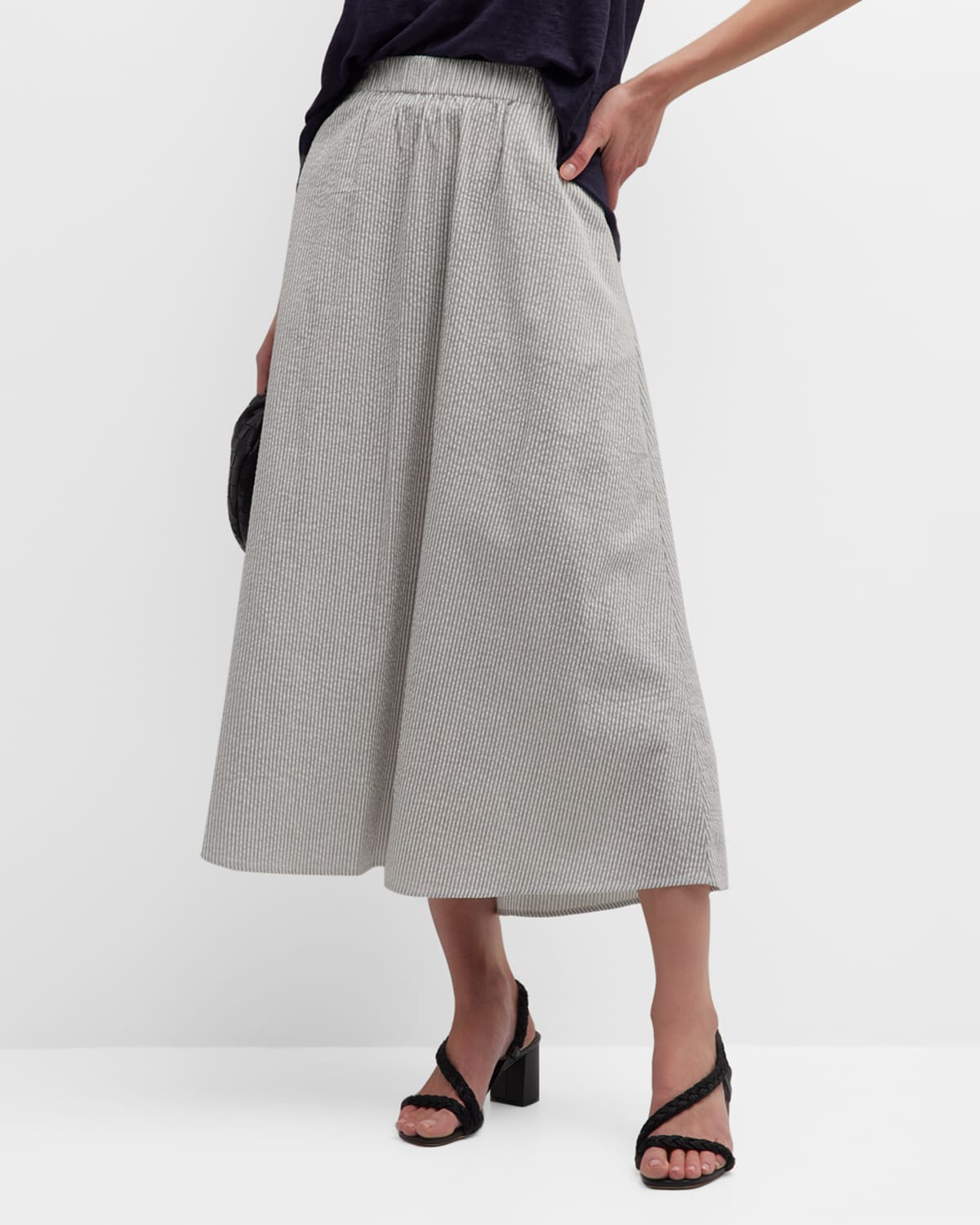 Eileen Fisher Crinkled Straight Organic Cotton Midi Skirt In Whiteblack