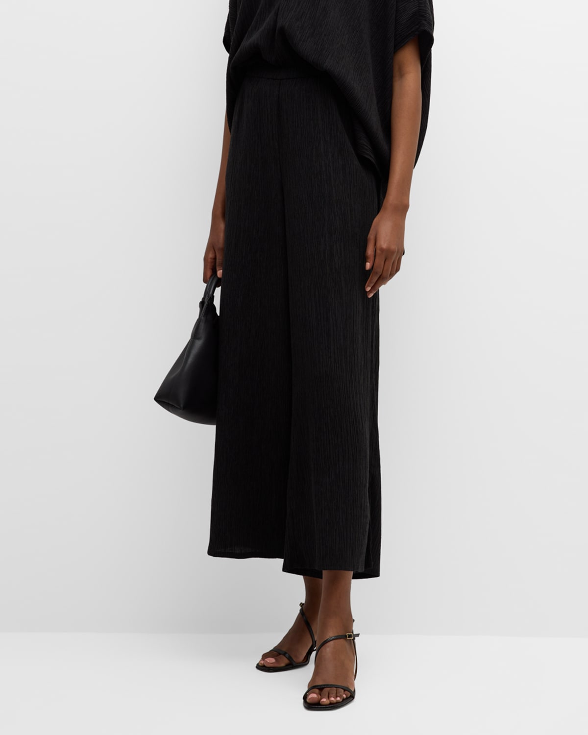 Eileen Fisher Crinkled Wide-leg Ankle Pants In Black