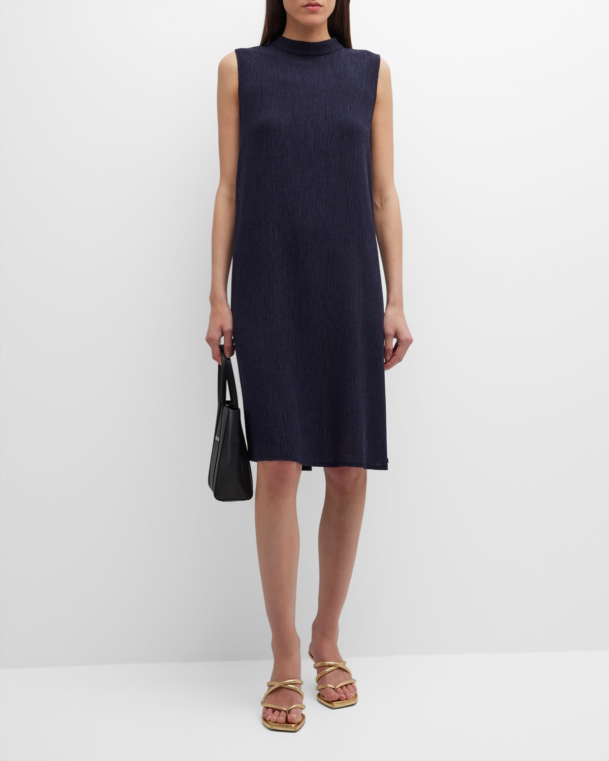 Eileen Fisher Crinkled Sleeveless Mock-neck Midi Dress In Nocturne
