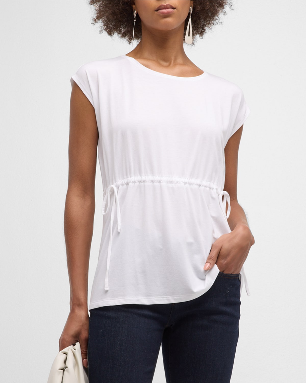 Eileen Fisher Cap-sleeve Drawstring Jersey Knit Top In White