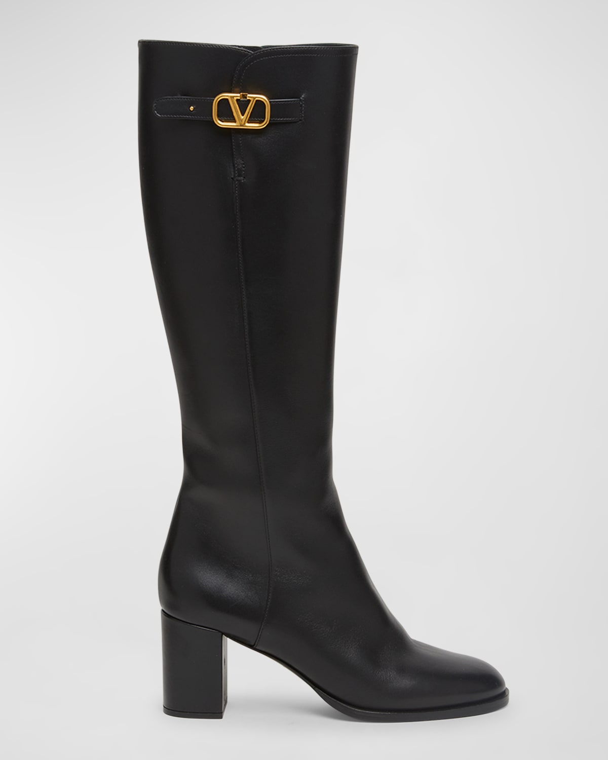 Valentino Garavani Leather Knee High Boots With V Logo In Black