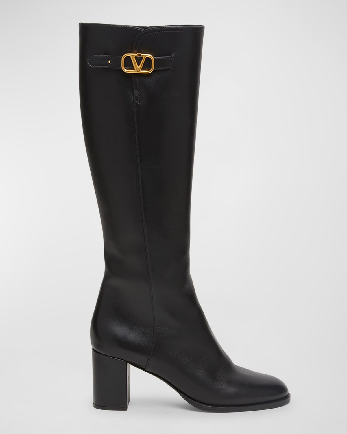 Leather Knee High Boots with V Logo