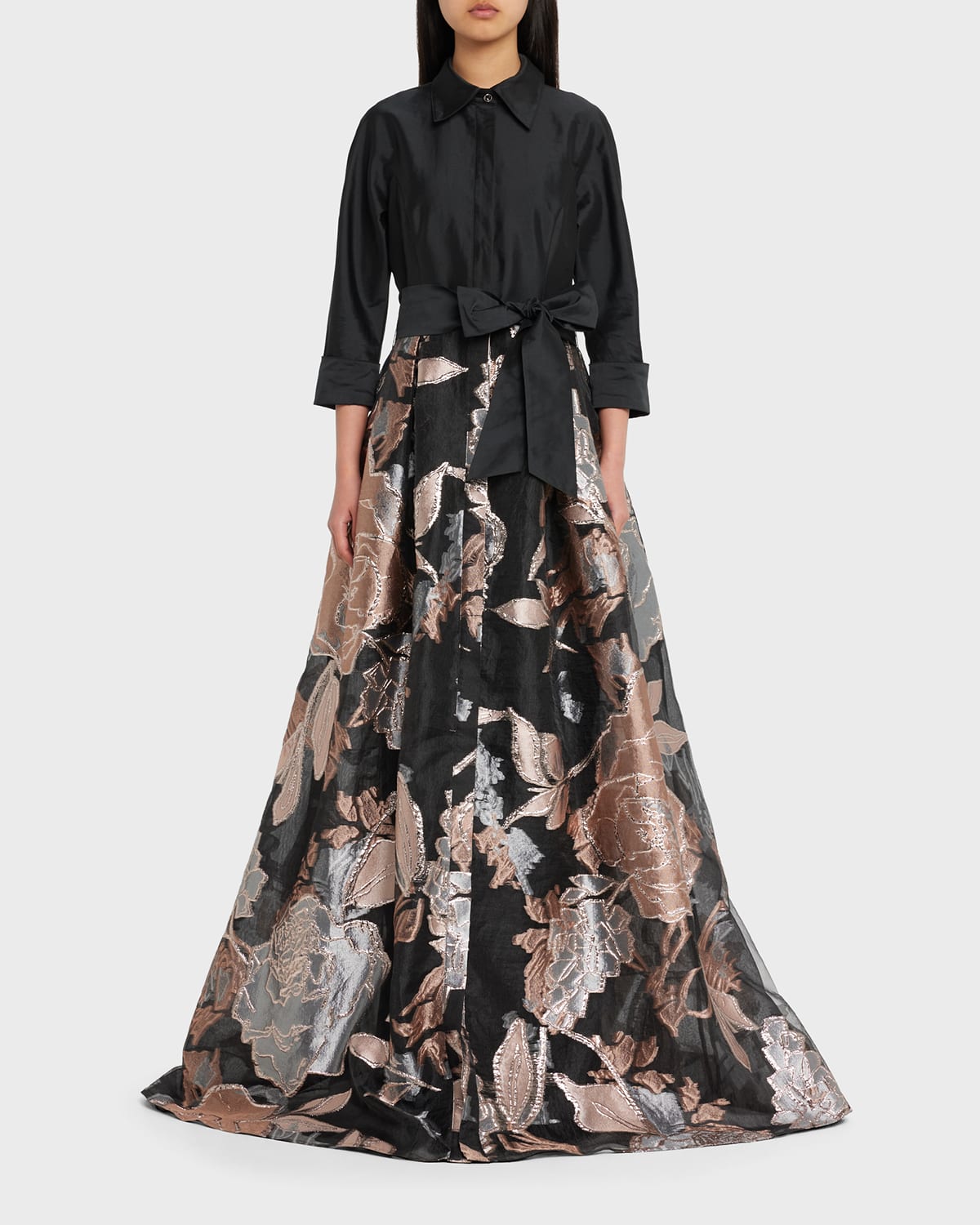Rickie Freeman For Teri Jon Taffeta And Metallic Floral Jacquard Shirt Gown In Black Mult