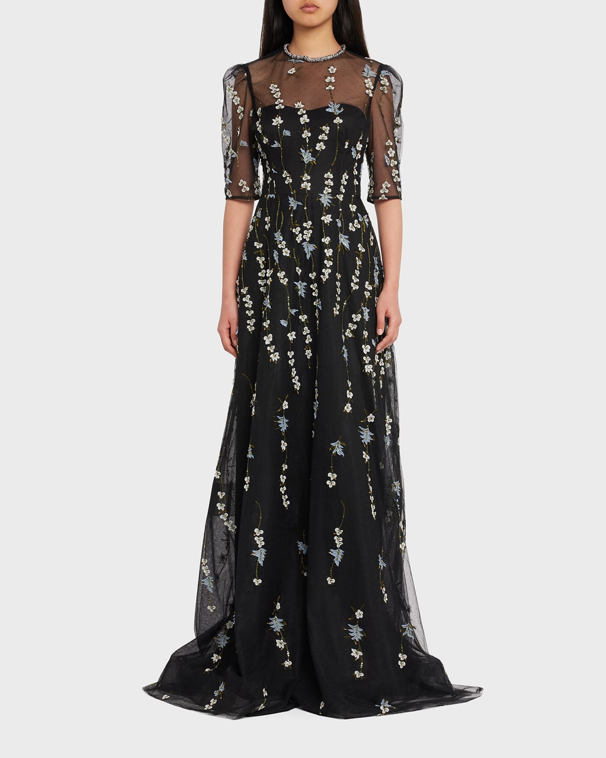 Rickie Freeman For Teri Jon Beaded Floral-appliqué Illusion A-line Gown In Black Mult