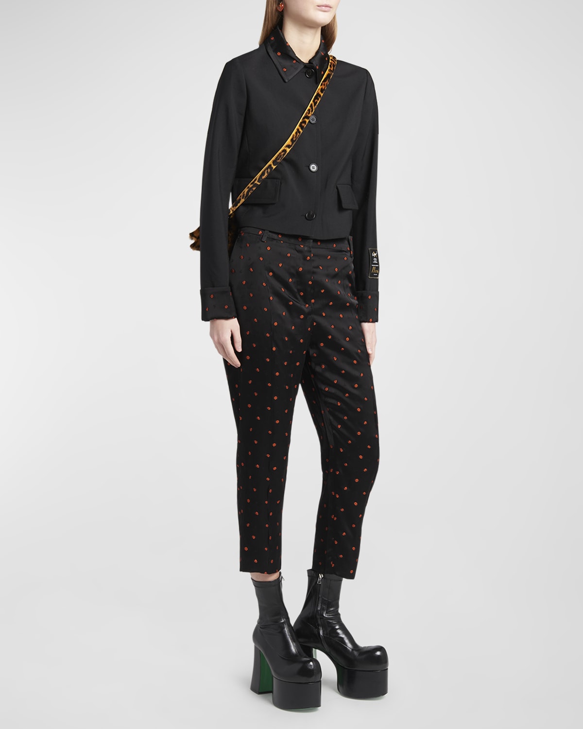 Rosette Satin Jacquard Straight-Leg Ankle Trousers