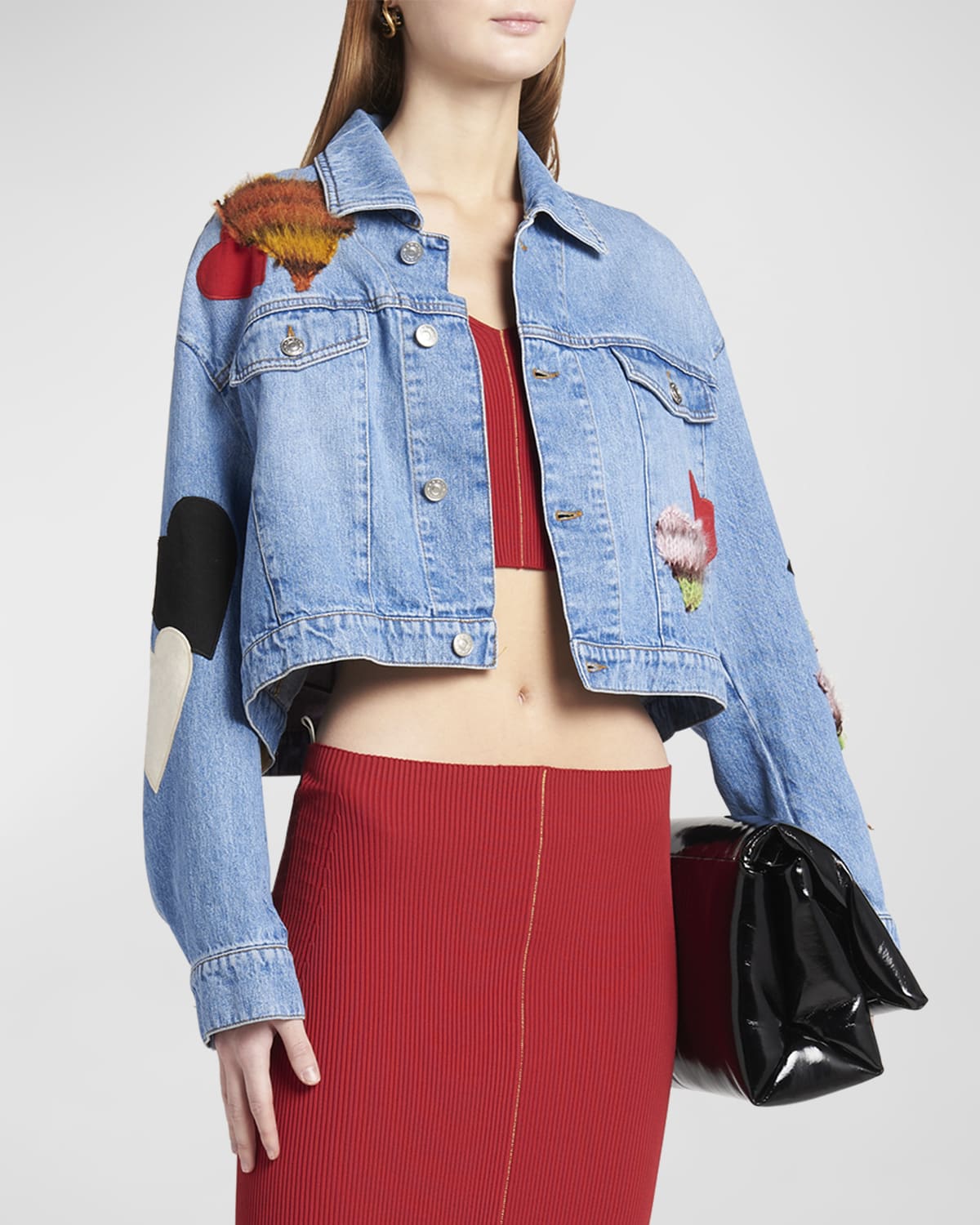 Patch-Embroidered Crop Denim Jacket