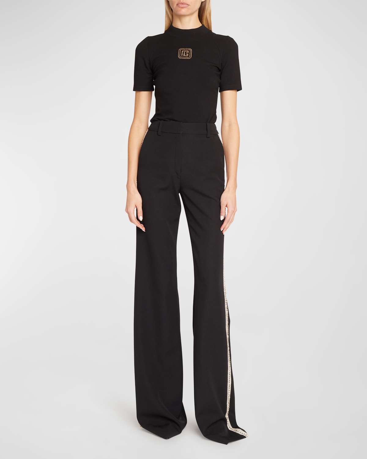 Shop Balmain Side-embroidered Flare Wool Pants In Black/silver