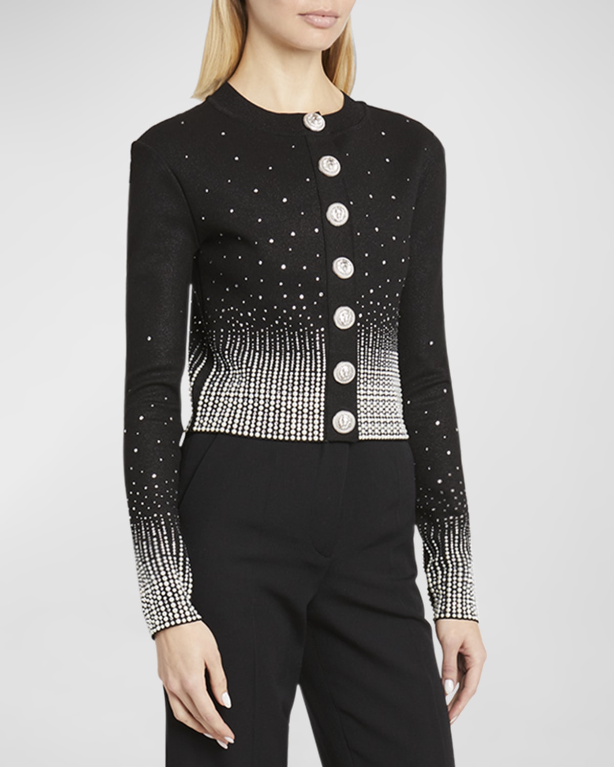 Balmain Pearlescent Strass Embellished Crop Metallic Knit Cardigan In Black Multi