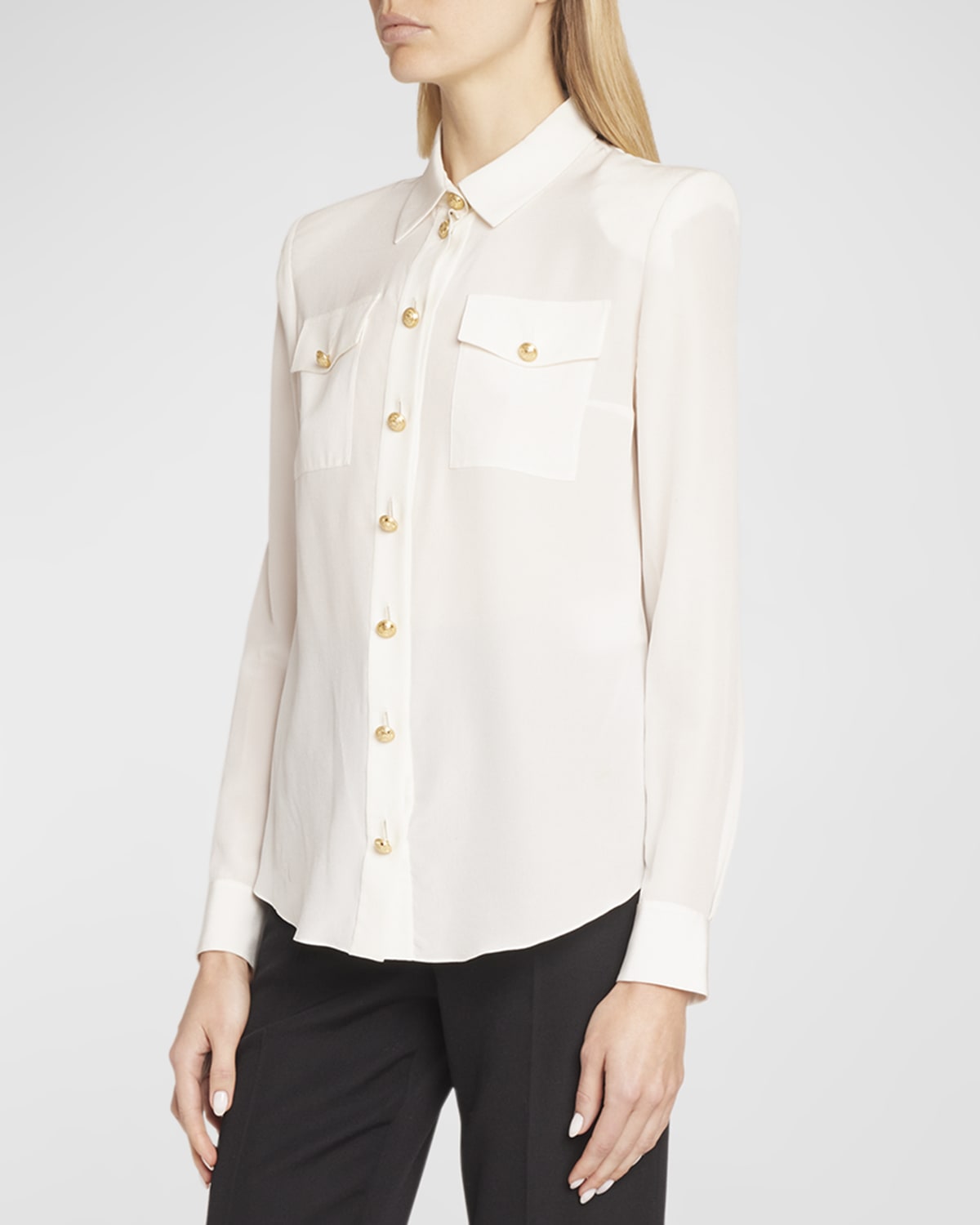 Shop Balmain 2-pockets Crepe De Chine Buttoned Shirt In White