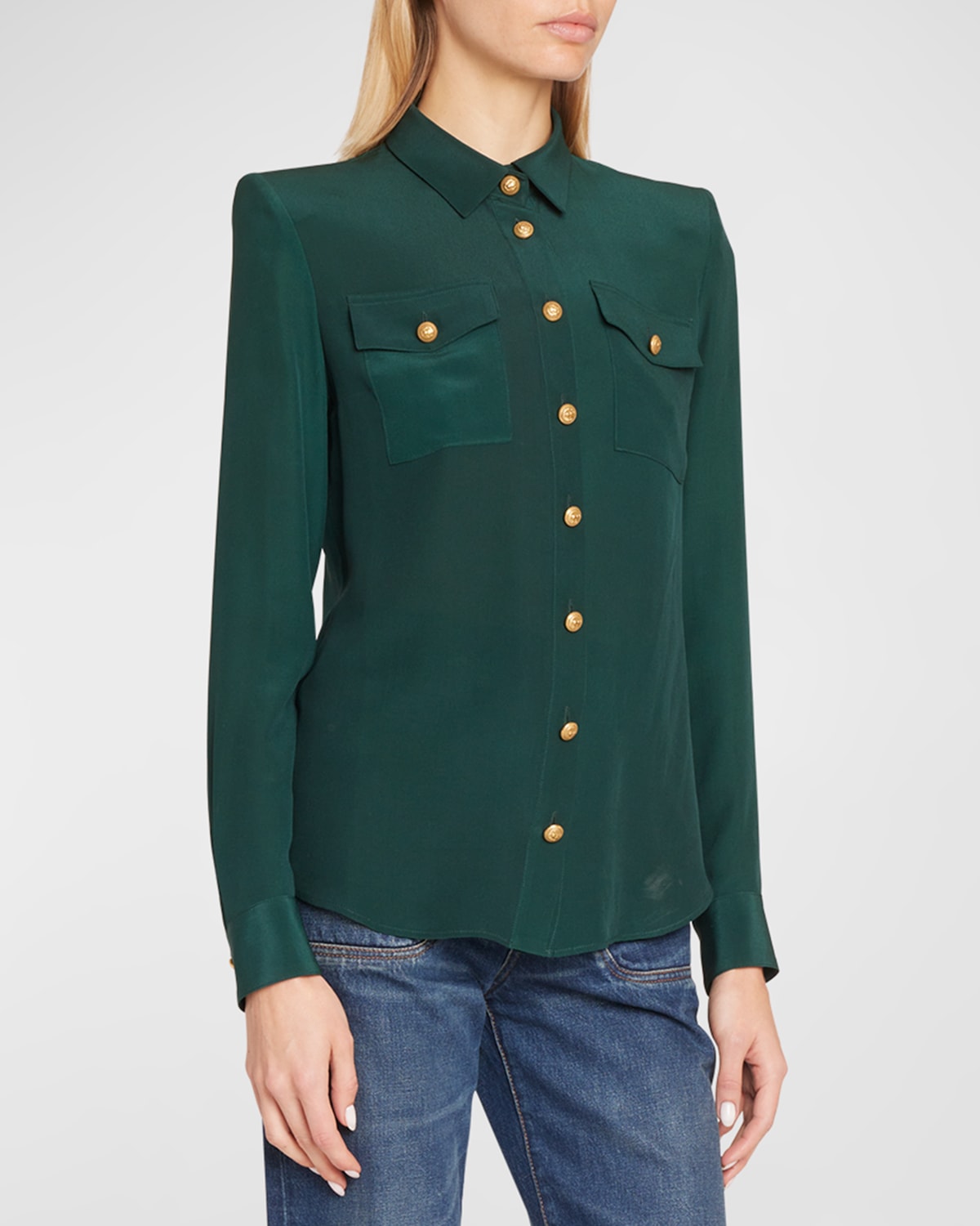 Balmain 2-pockets Crepe De Chine Buttoned Shirt In Dk Green