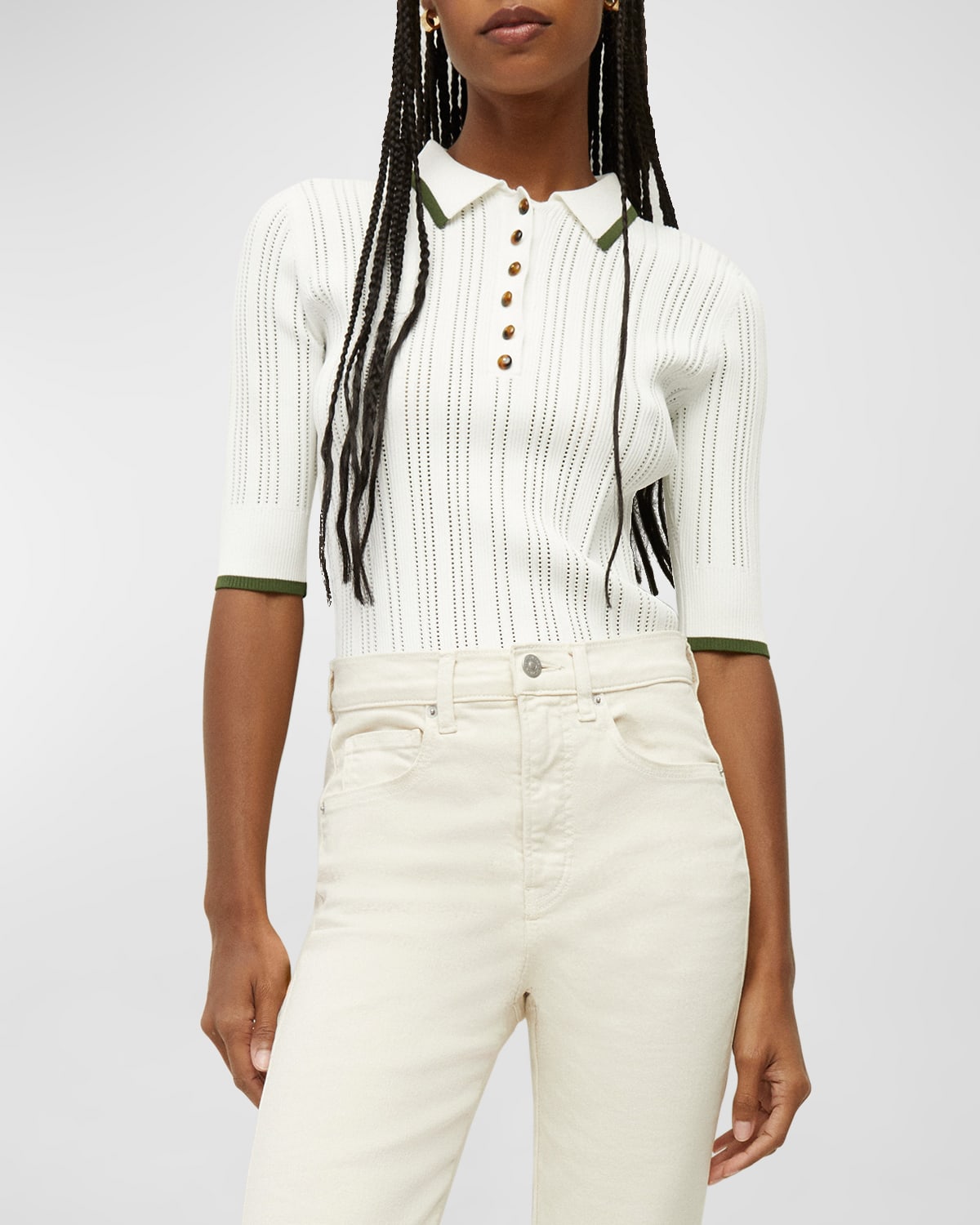 Veronica Beard Soza Knit Contrast Polo Top In Off-white