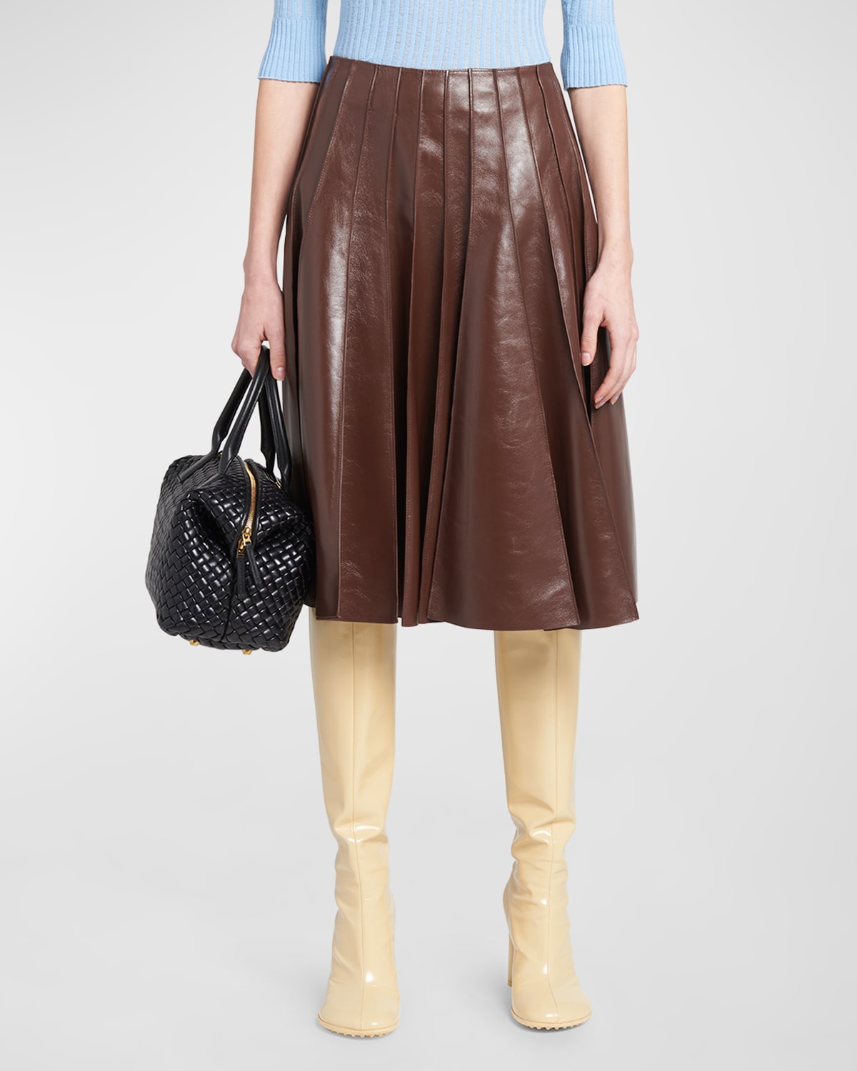 Shop Bottega Veneta Smooth Nappa Leather Plisse Midi Skirt In Brown