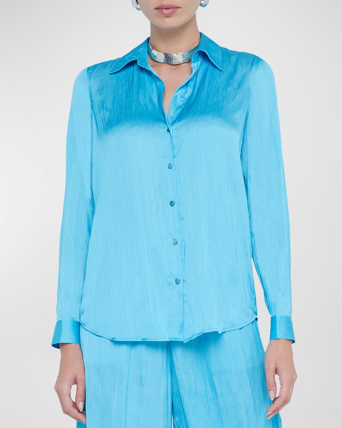 Shop L Agence Nina Crinkled Satin Blouse In Blue Atoll