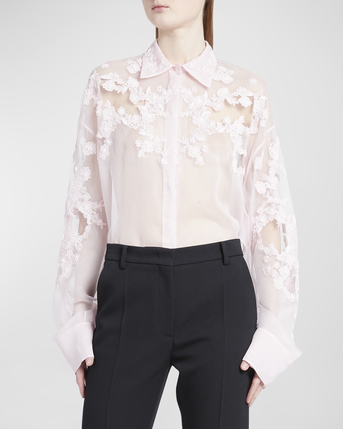 Valentino Sheer Lace Embroidered Button-front Blouse In Taffy