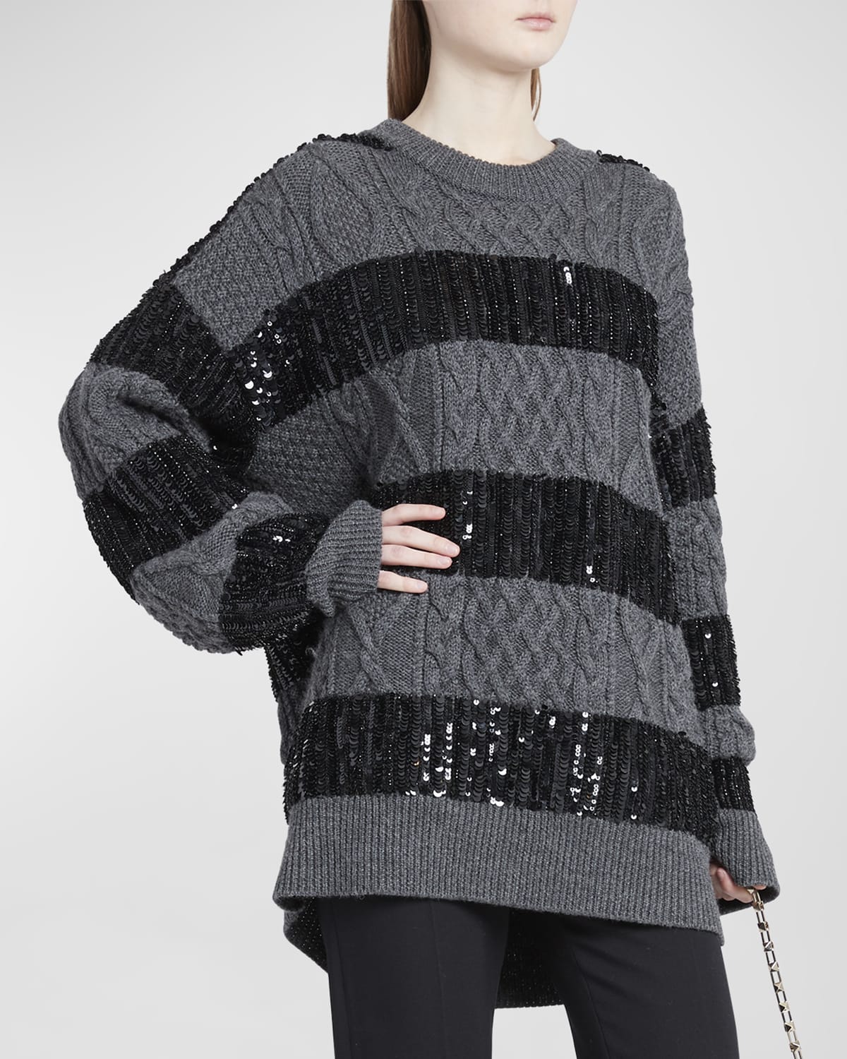 VALENTINO OVERSIZE CABLE-KNIT SWEATER WITH EMBELLISHED STRIPES