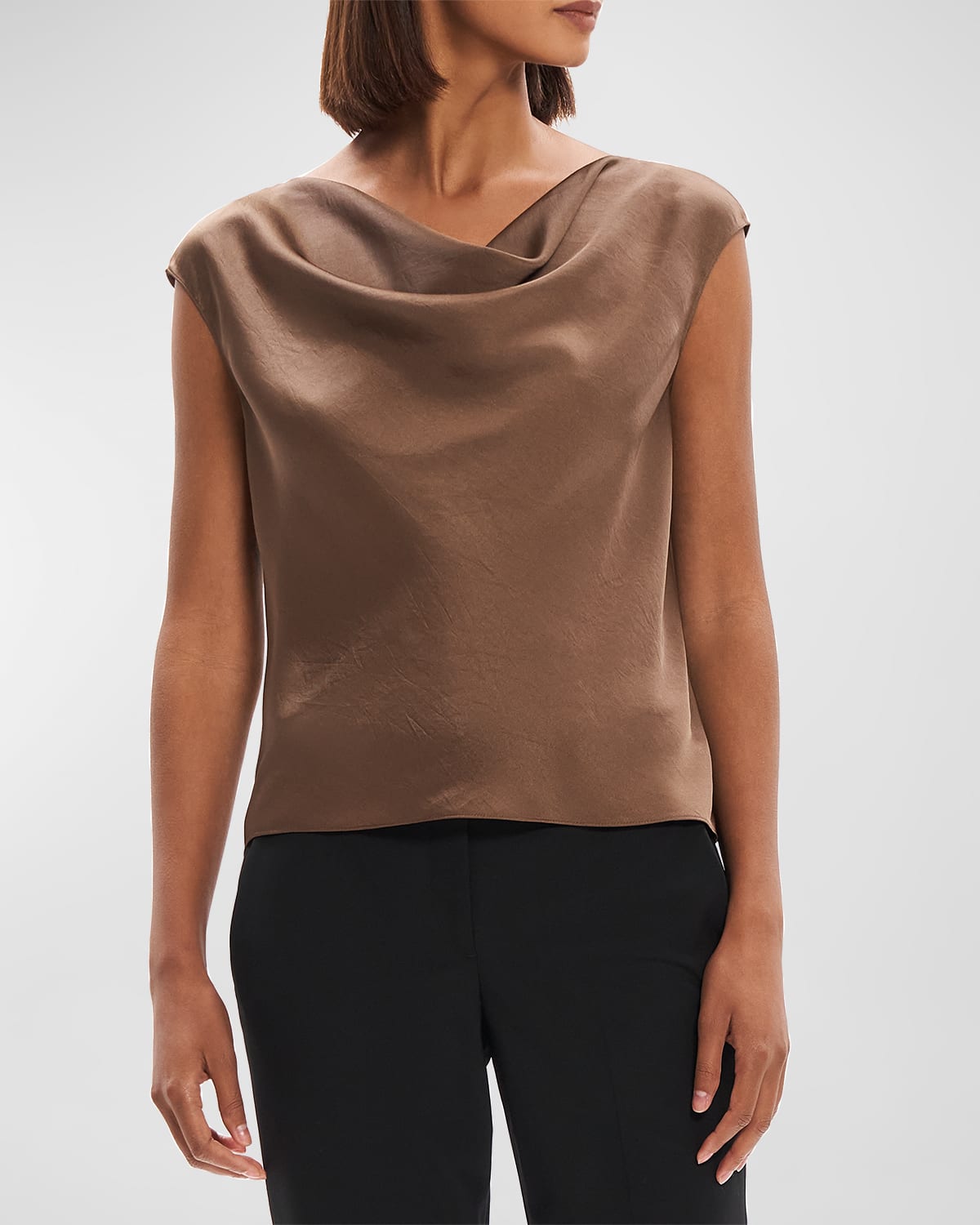Theory Cap-sleeve Crushed Satin Cowl-neck Top In Pecan