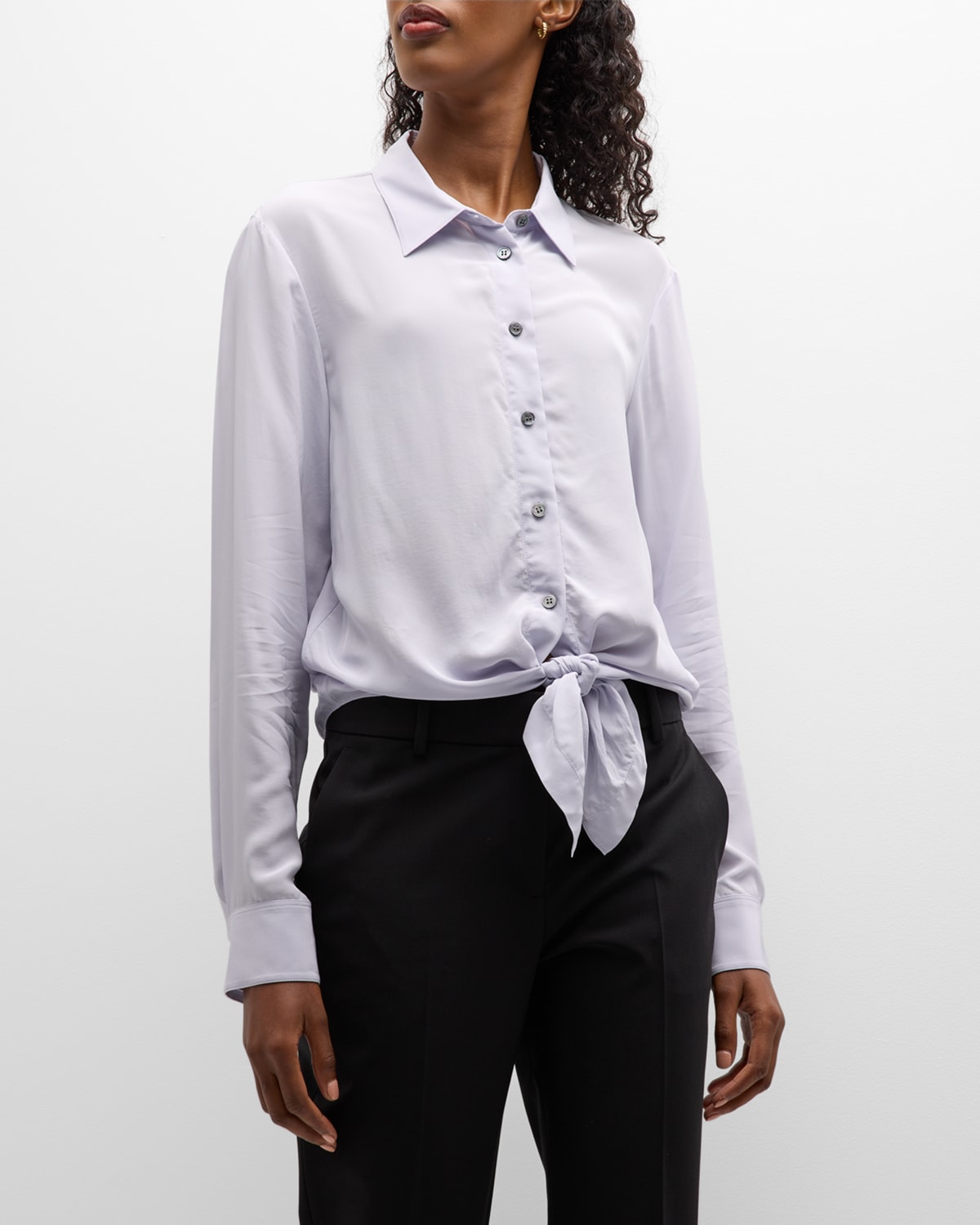 Theory Long Sleeve Button-up Tie Waist Silk Blouse In Off White