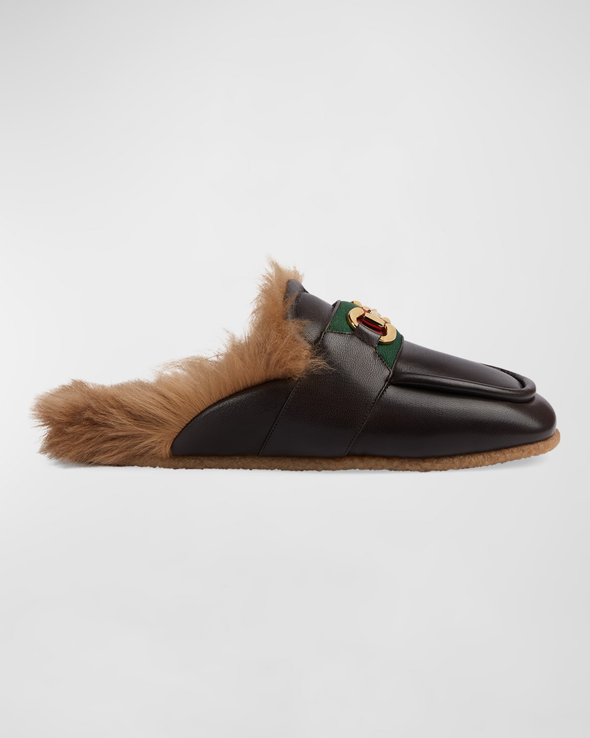 GUCCI MEN'S AIREL LONG SHEARLING AND LEATHER MULE SLIPPERS