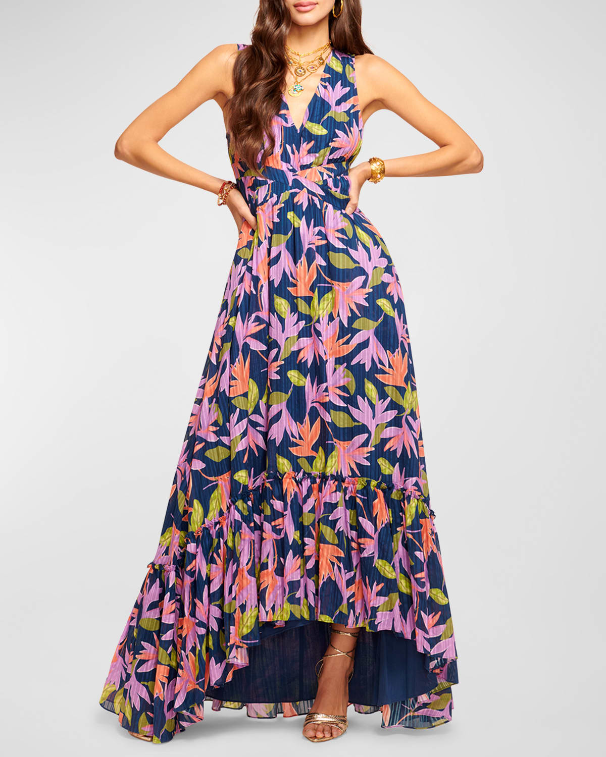 RAMY BROOK MILES FLORAL PLEATED V-NECK MAXI DRESS