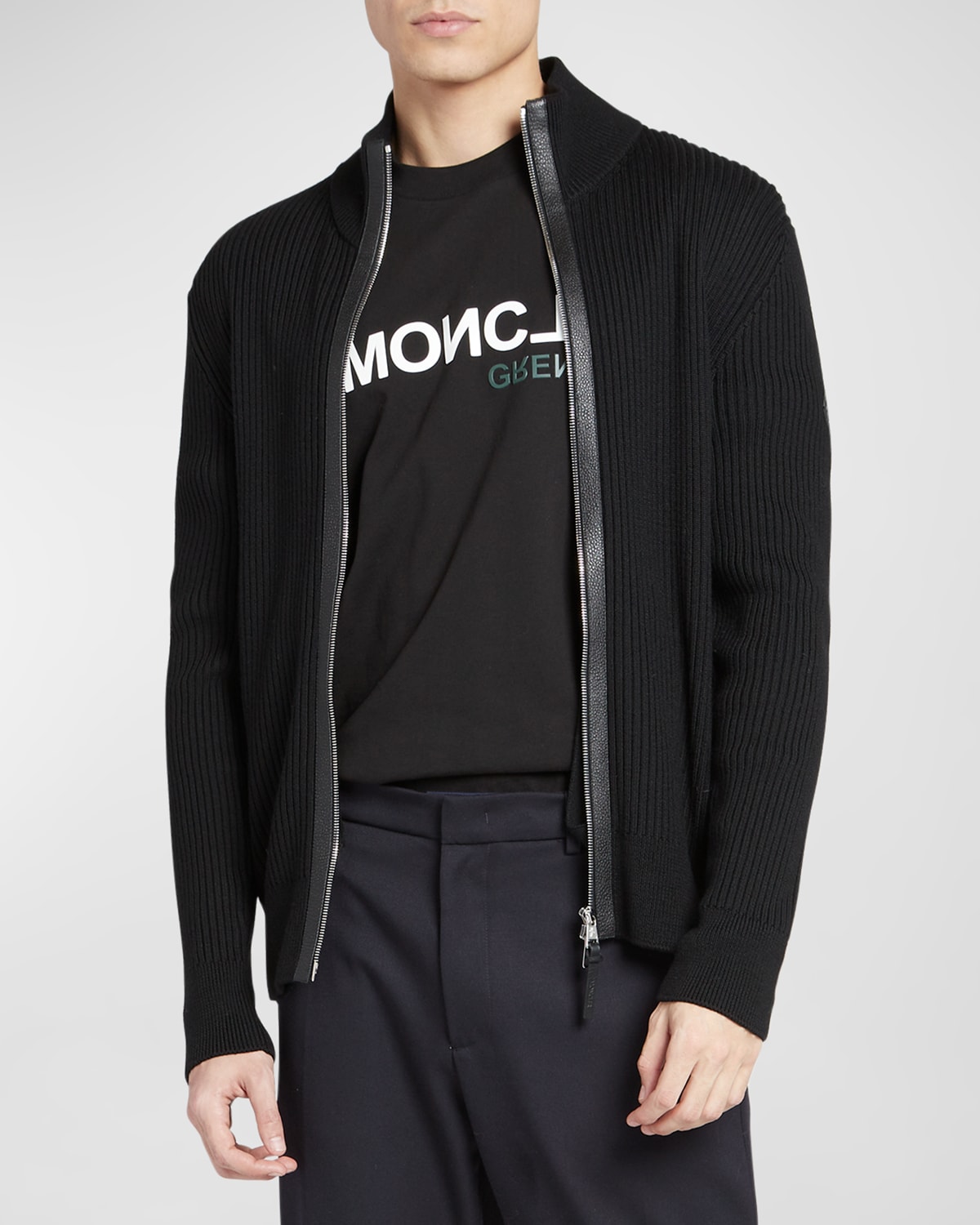 Moncler Men's Ribbed Cardigan With Leather Trim In Black