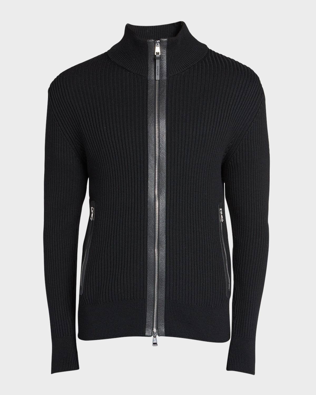 Moncler Men's Ribbed Cardigan With Leather Trim In Black