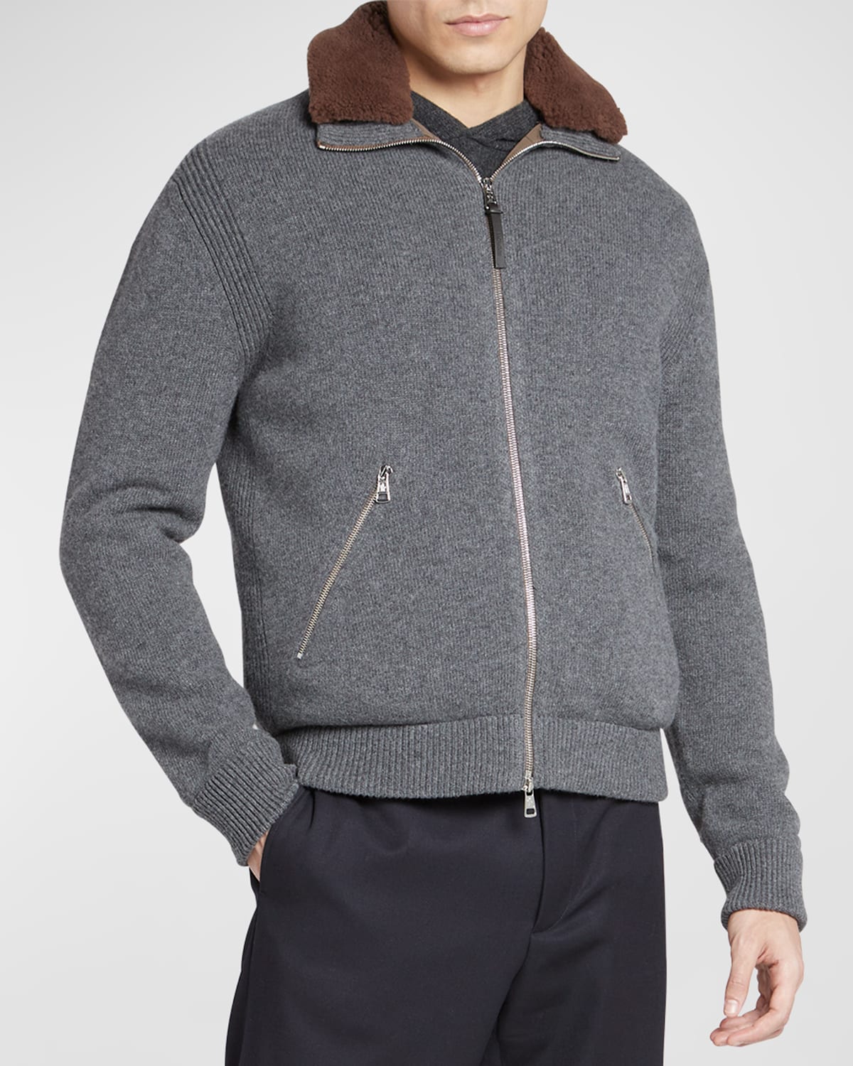 Men's Cashmere Zip-Front Cardigan With Shearling Collar