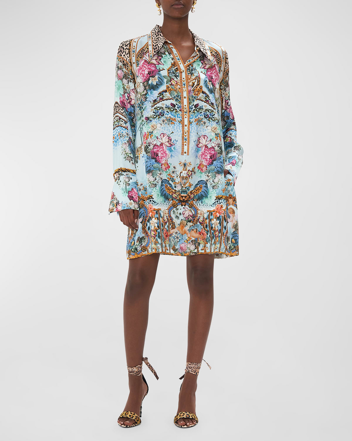 Camilla Printed Silk Mini Shirtdress In Letters To Leo