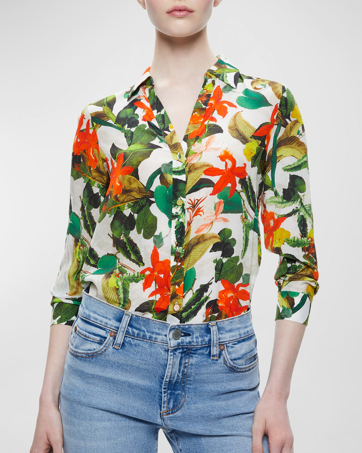 ALICE AND OLIVIA TROPICAL SUNRISE ELOISE BUTTON-FRONT BLOUSE