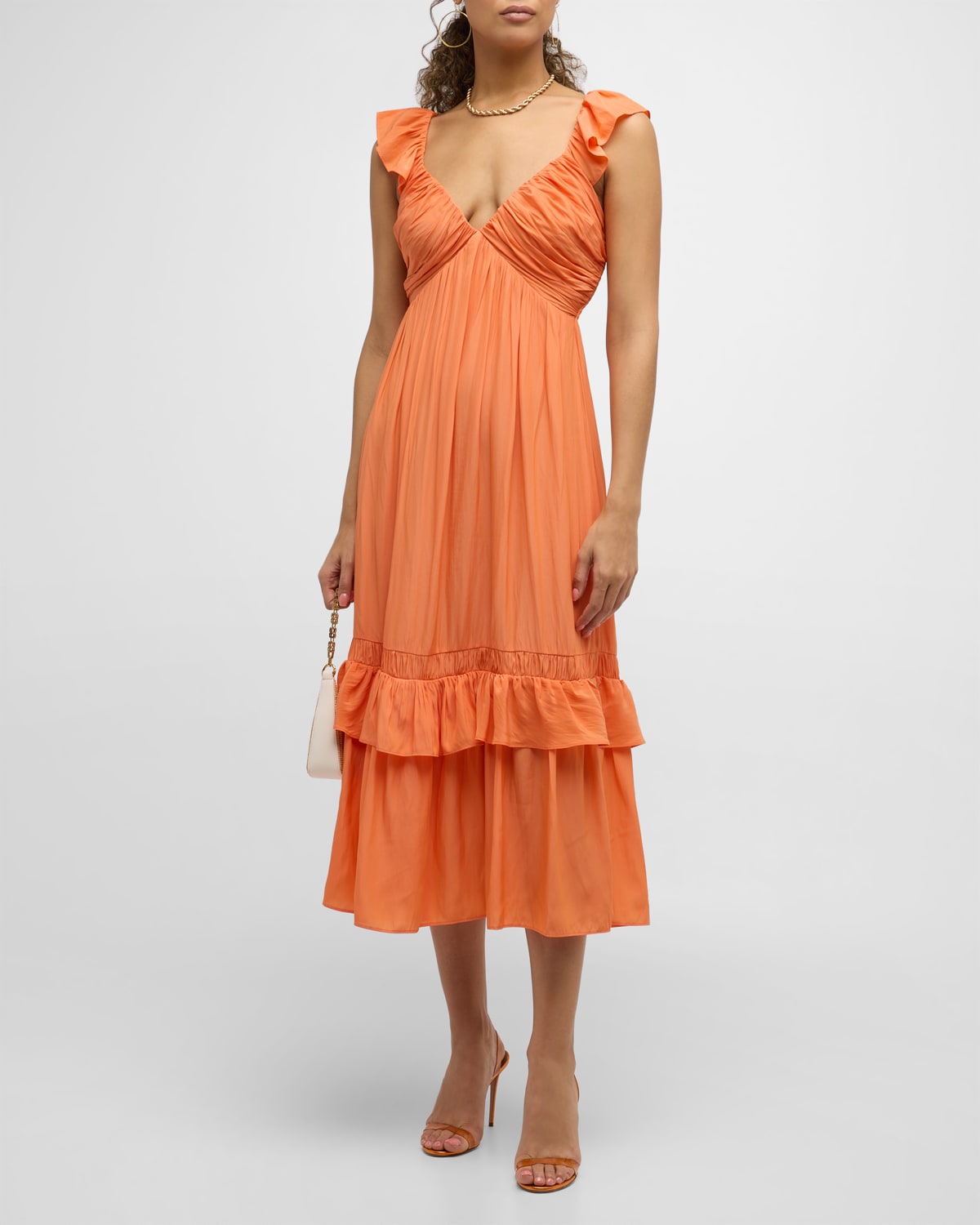 Ramy Brook Nelly V-neck Pleated Midi Empire Dress In Tropic Orange