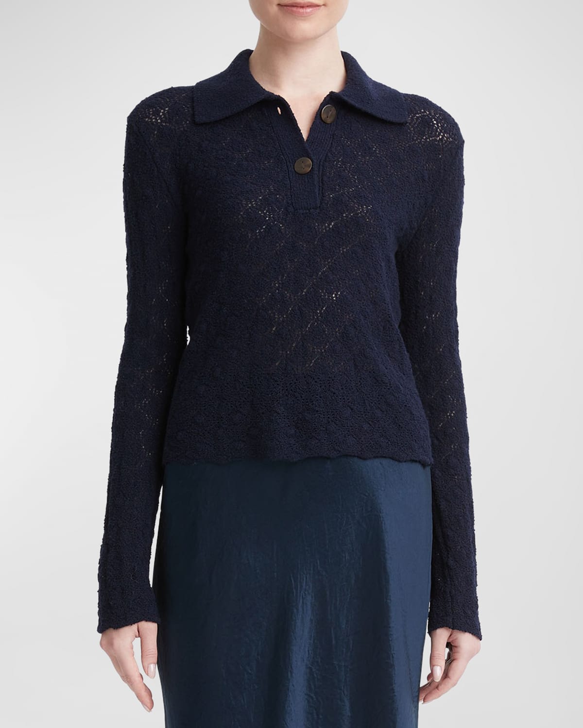 Shop Vince Lace Stitch Wool Long-sleeve Polo Top In Coastal