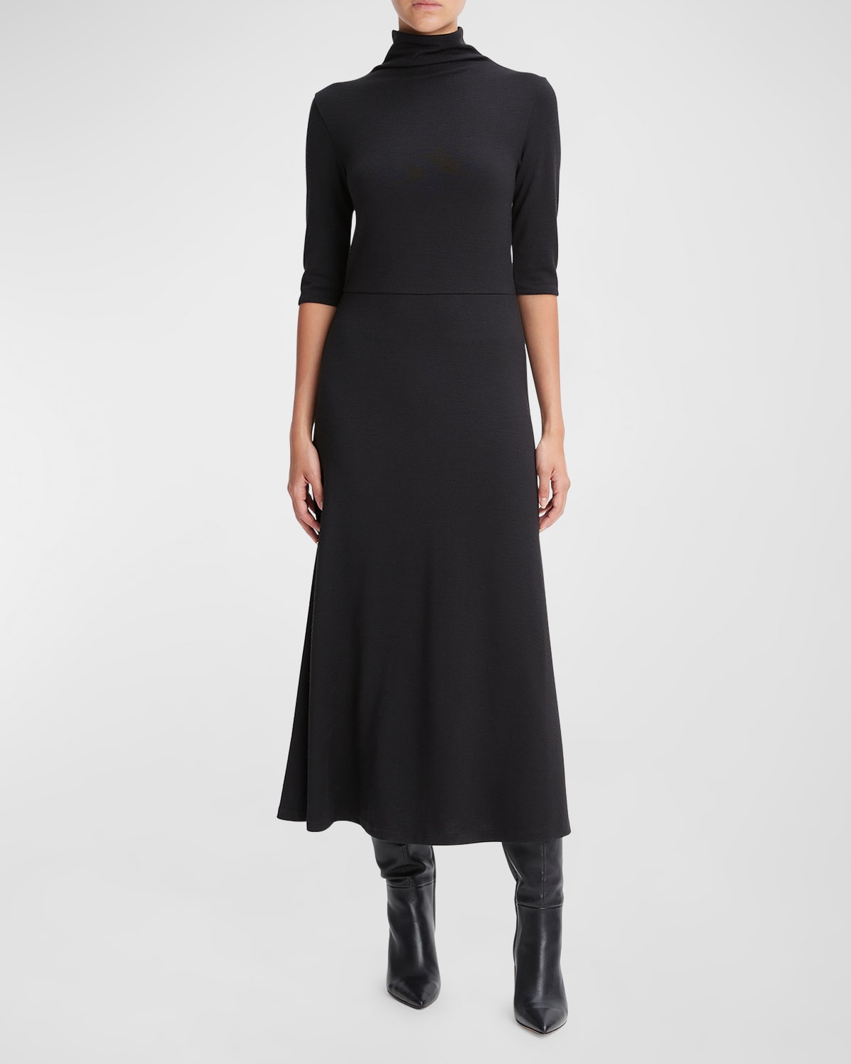 Shop Vince Elbow-sleeve Turtleneck Midi Dress In Black