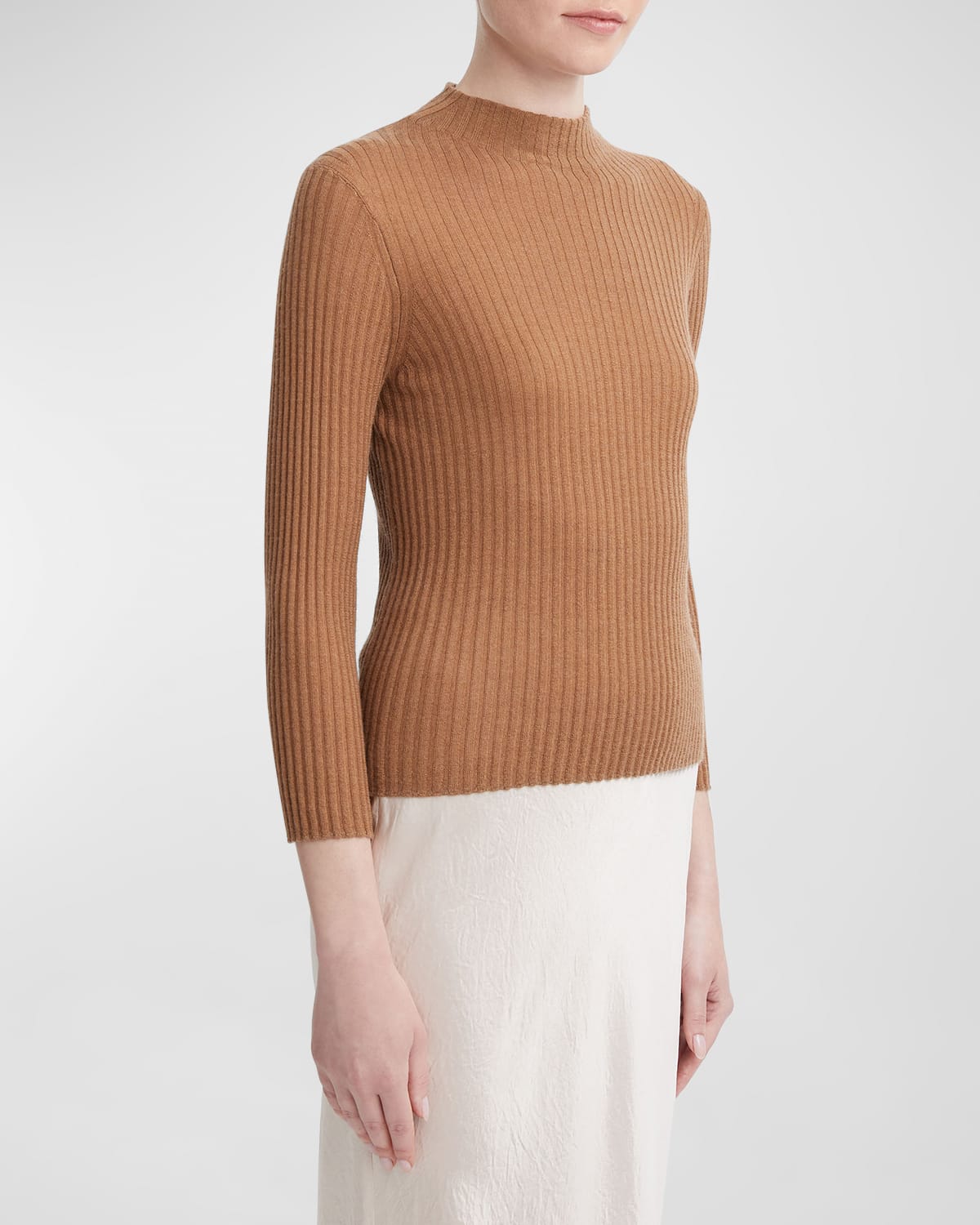 Vince Cashmere Blend Ribbed Mock Neck Sweater In H Beech