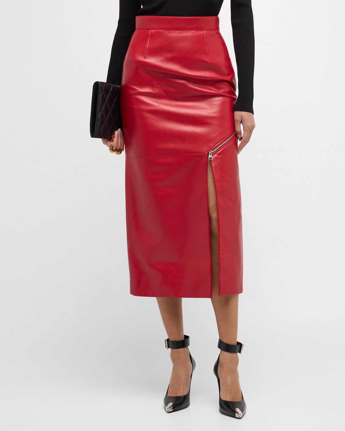 Alexander Mcqueen Zip-detailed Leather Midi Skirt In Red