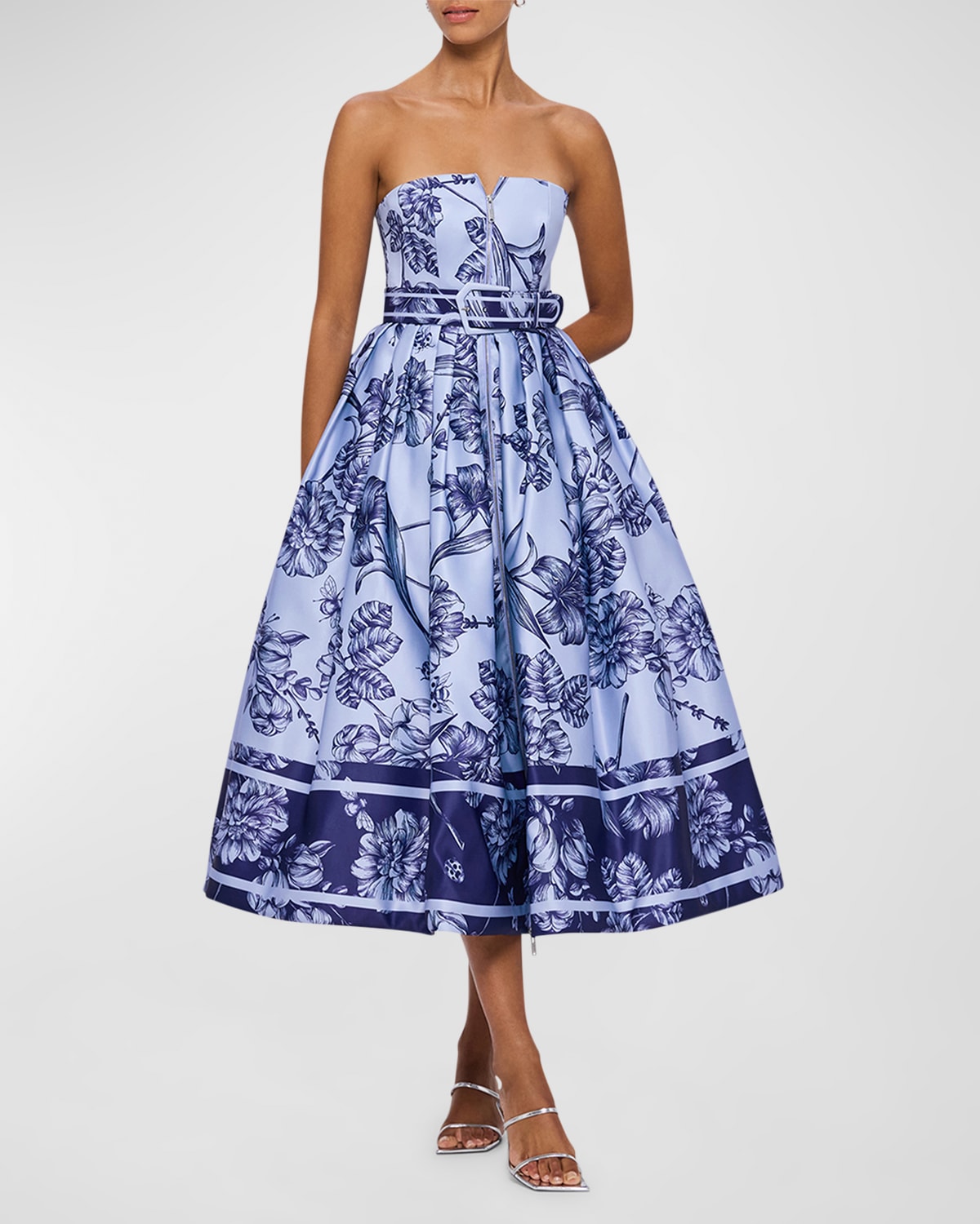 Leo Lin Norine Bustier Belted Floral Midi Dress In Hyacinth
