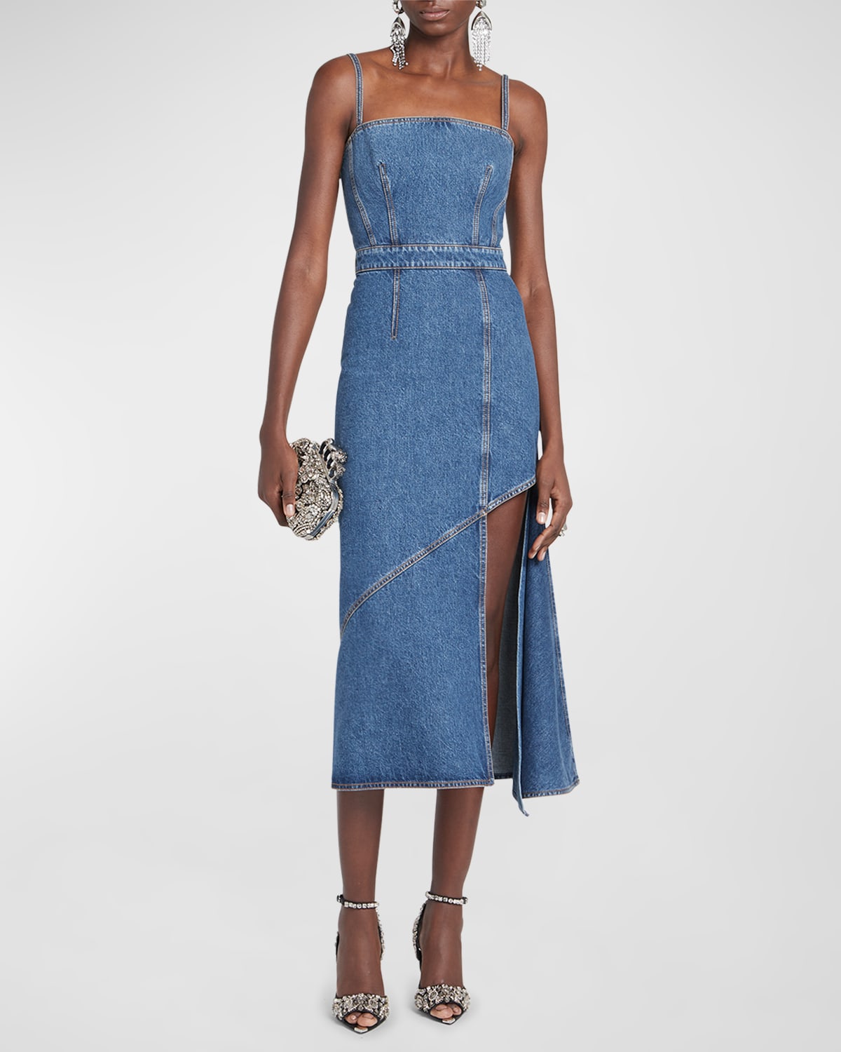 Alexander Mcqueen Alexander Mc Queen Slit Detail Denim Midi Dress In Dknavy