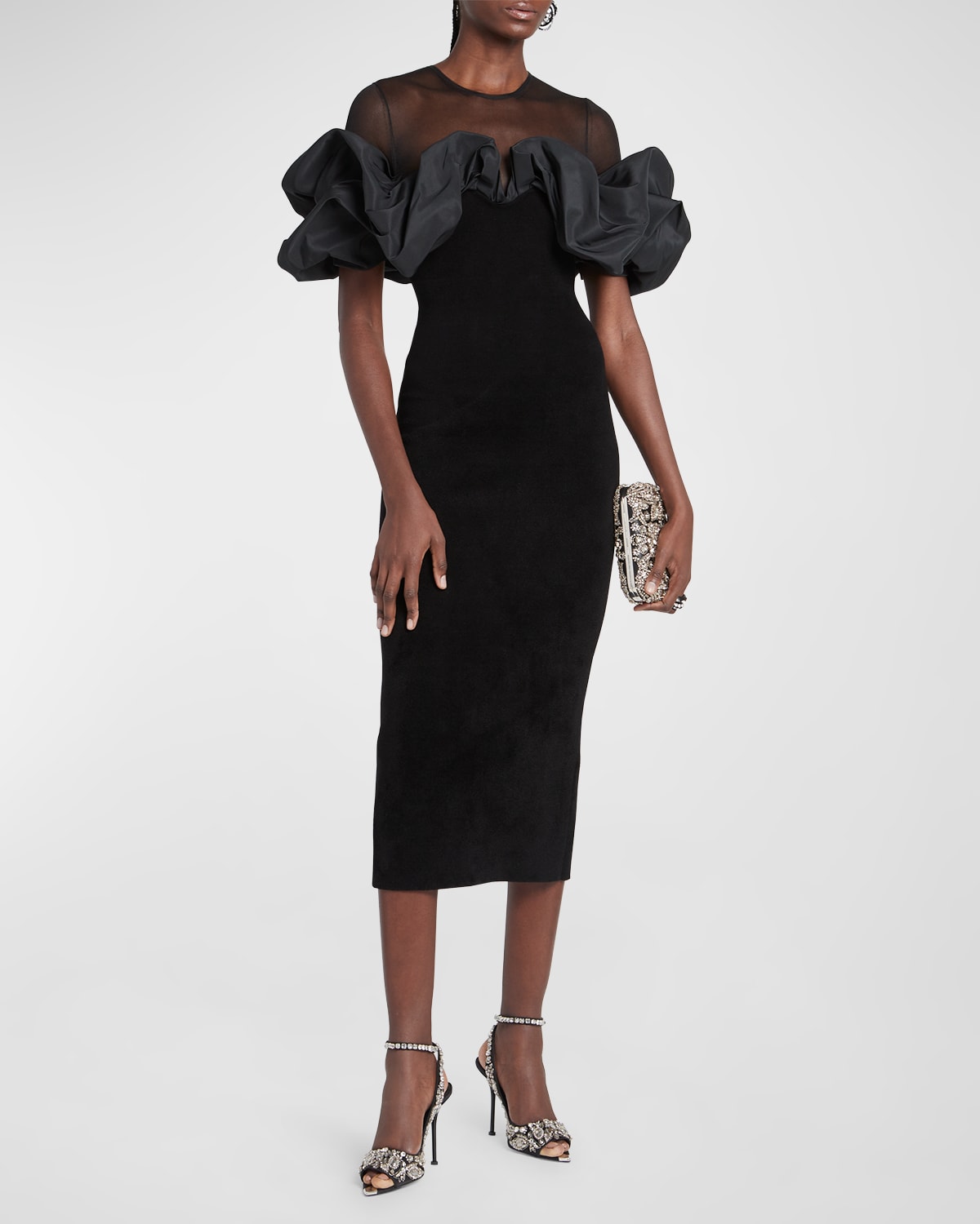 Shop Alexander Mcqueen Velvet And Mesh Midi Dress With Ruffle Detail In Black