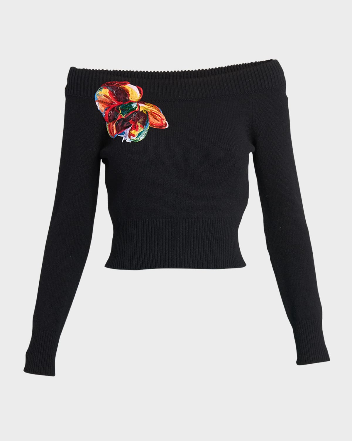 ALEXANDER MCQUEEN CASHMERE-BLEND OFF-SHOULDER JUMPER WITH FLORAL DETAIL