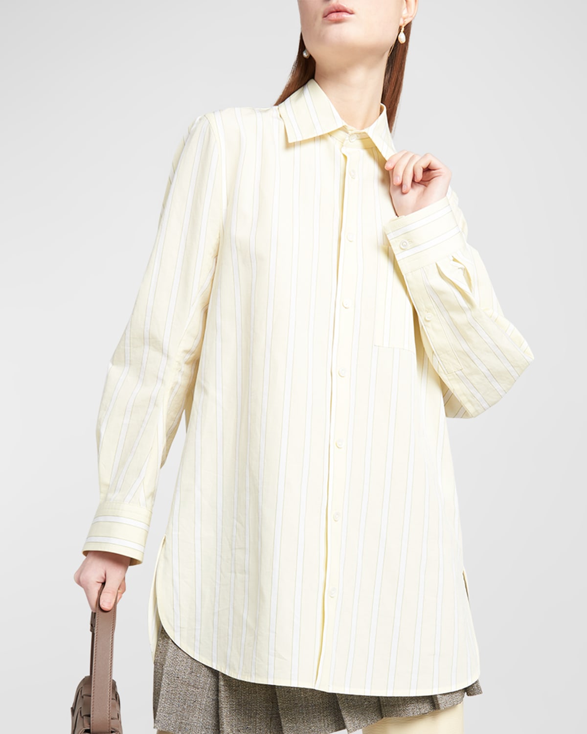Shop Bottega Veneta Striped Cotton-linen Collared Tunic Shirt In Amber