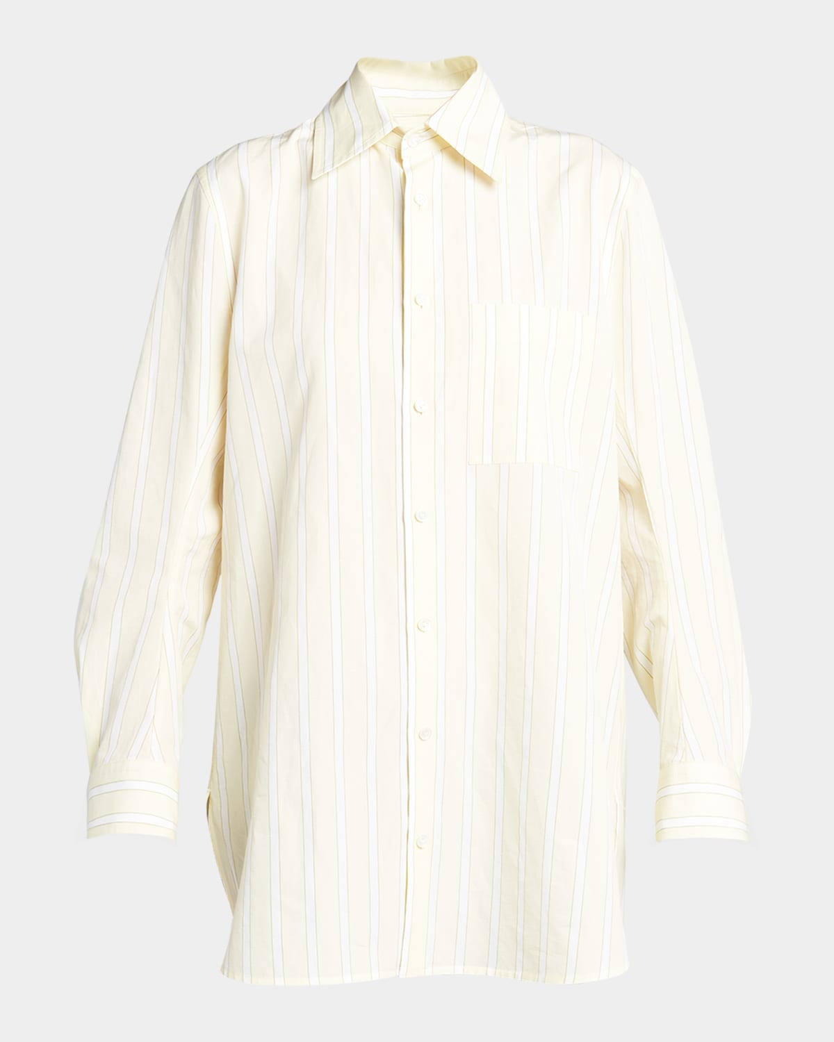 Shop Bottega Veneta Striped Cotton-linen Collared Tunic Shirt In Amber